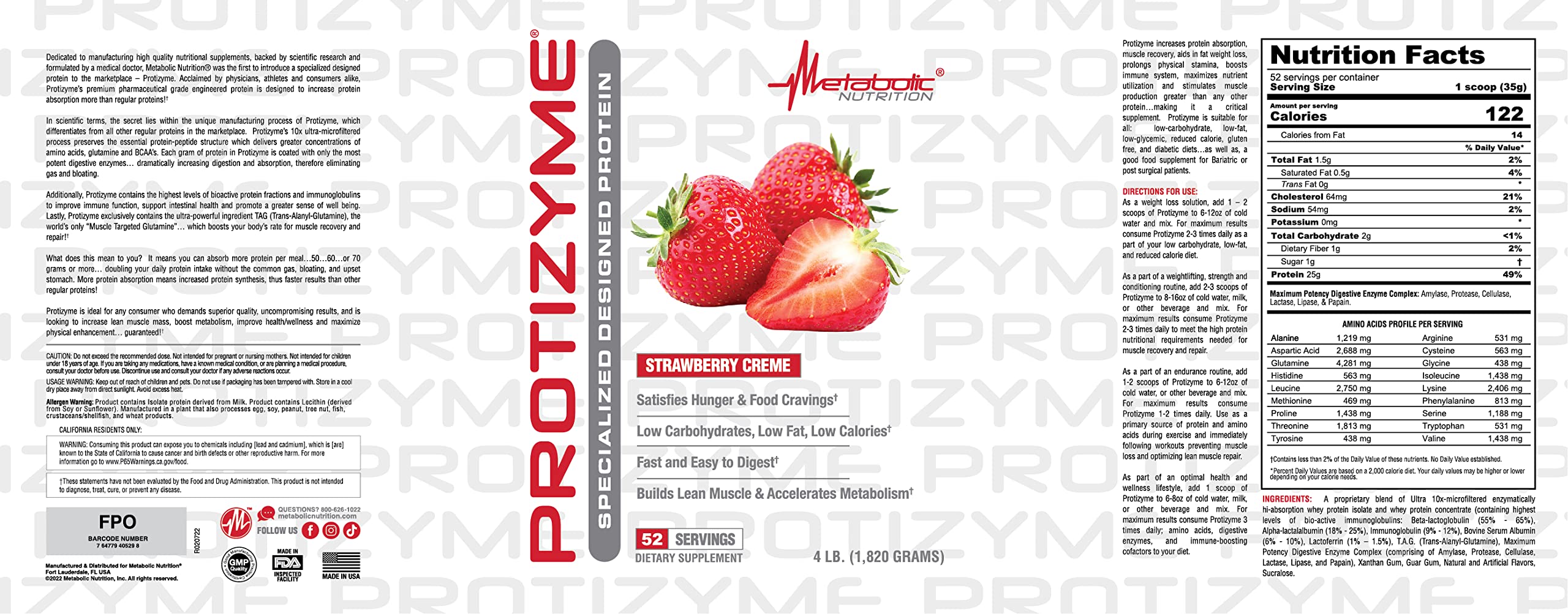 Metabolic Nutrition Protizyme 100% Whey Protein Powder - High Protein, Low Carb & Fat with Digestive Enzymes - 24 Vitamins & Minerals - 4lb (52 Servings) for Muscle Recovery & Post-Workout Nutrition