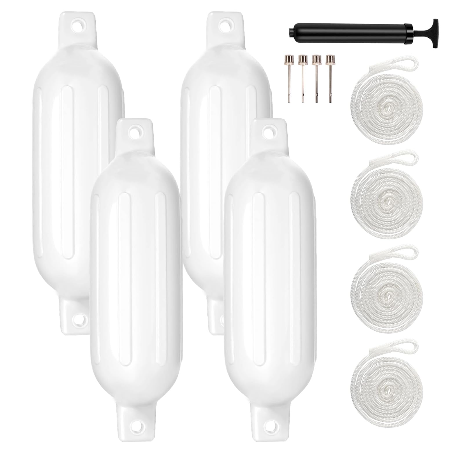Allucky Inflatable Marine Boat Fenders 4 Pack - Heavy Duty Boat Bumpers for Docking Protection (4 Sizes, White/Black) - Perfect for Yachts, Sailboats, and Powerboats to Prevent Hull Damage While Mooring