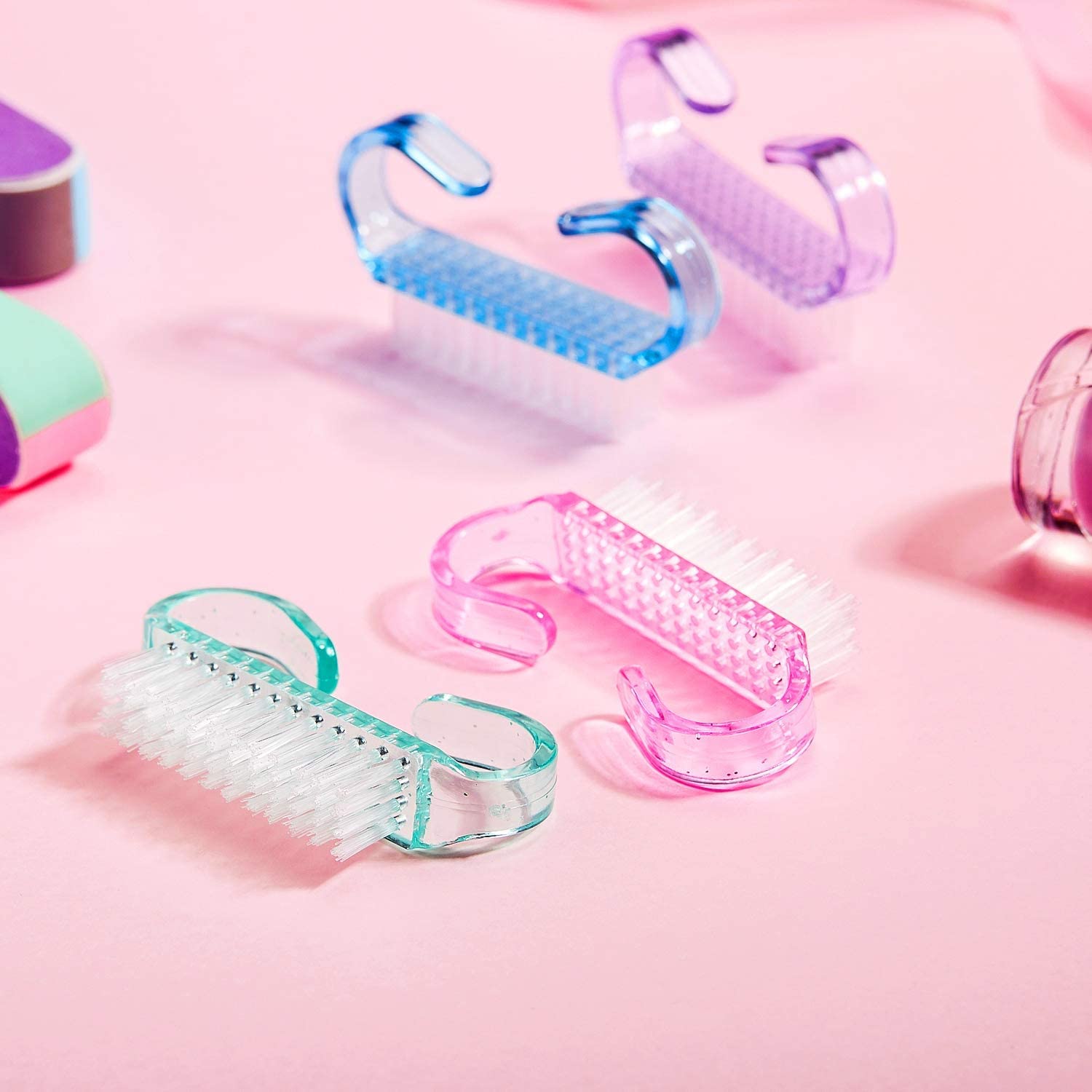4-Piece Nail Cleaning Brush Set - Durable Plastic Hand & Fingernail Scrub Brush for Manicure, Pedicure & Hygiene (Blue, Green, Pink, Purple) 2.6 x 0.5 x 1.4 Inches - Perfect for Home, Salon & Travel Nail Care