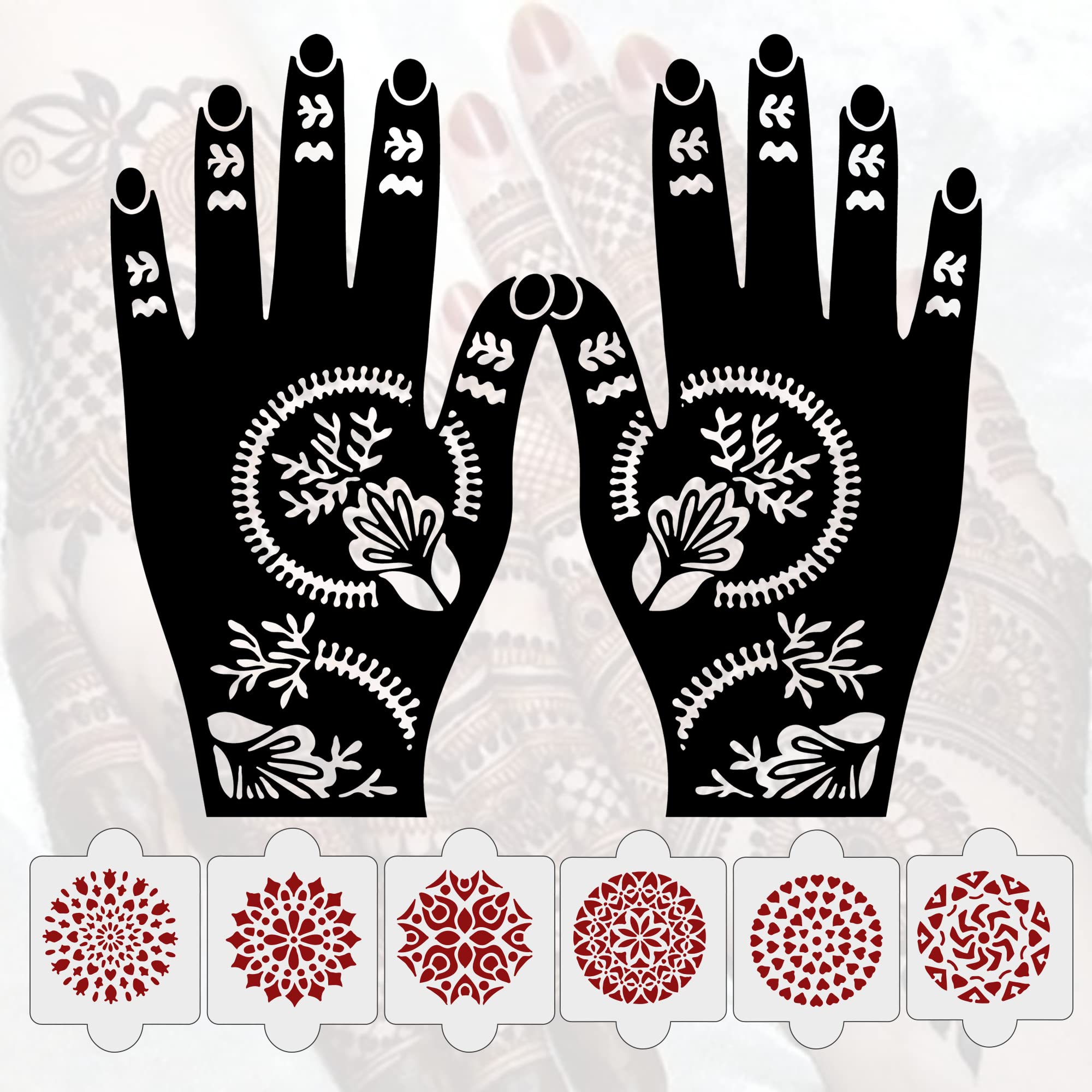 8 Pcs Henna Tattoo Stencil Kit - 2 Pcs Henna Stencil Tattoo + 6 Pcs Reusable Laser Cut PVC Stencils for Hands, Women, Girls & Kids | Easy DIY Mehndi Design for Weddings, Parties & Festivals (IVNH-1010)