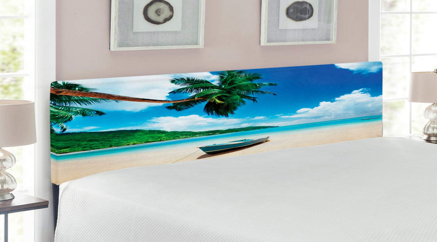 Ambesonne King Size Upholstered Beach Headboard - Boat on Mahe Island Lagoon Seychelles Exotic Shoreline Design, Decorative Metal Bed Headboard with Memory Foam in Blue Green Sand Brown | Perfect for Coastal Bedroom Decor & Vacation Home Style