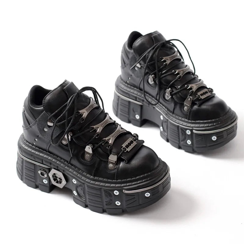 Gothic Punk Platform Sneakers for Women - Lace Up Round Toe Shoes with Metal Decorations & Thin Heels | Perfect for Nightclubs, Parties & Alternative Fashion Outfits