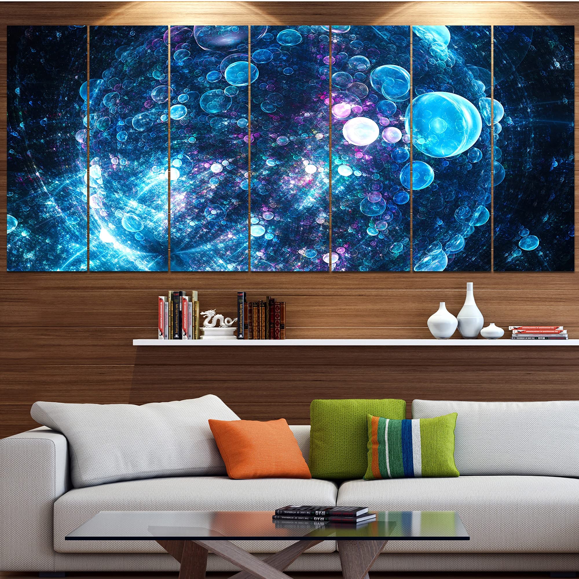 Blue Spherical Planet Bubbles Abstract Wall Art Canvas Painting - 48x28 Inch 4-Panel Modern Home Decor for Living Room, Bedroom & Office