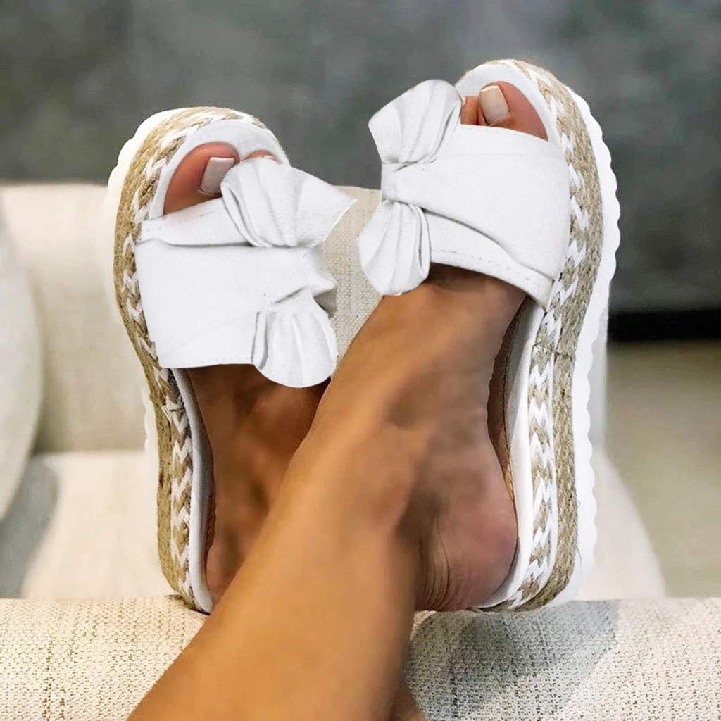 Women's Flat Slide Sandals with Cork Sole & Cute Knot Bow - Comfortable Canvas Summer Sandals for Beach, Pool, and Casual Wear
