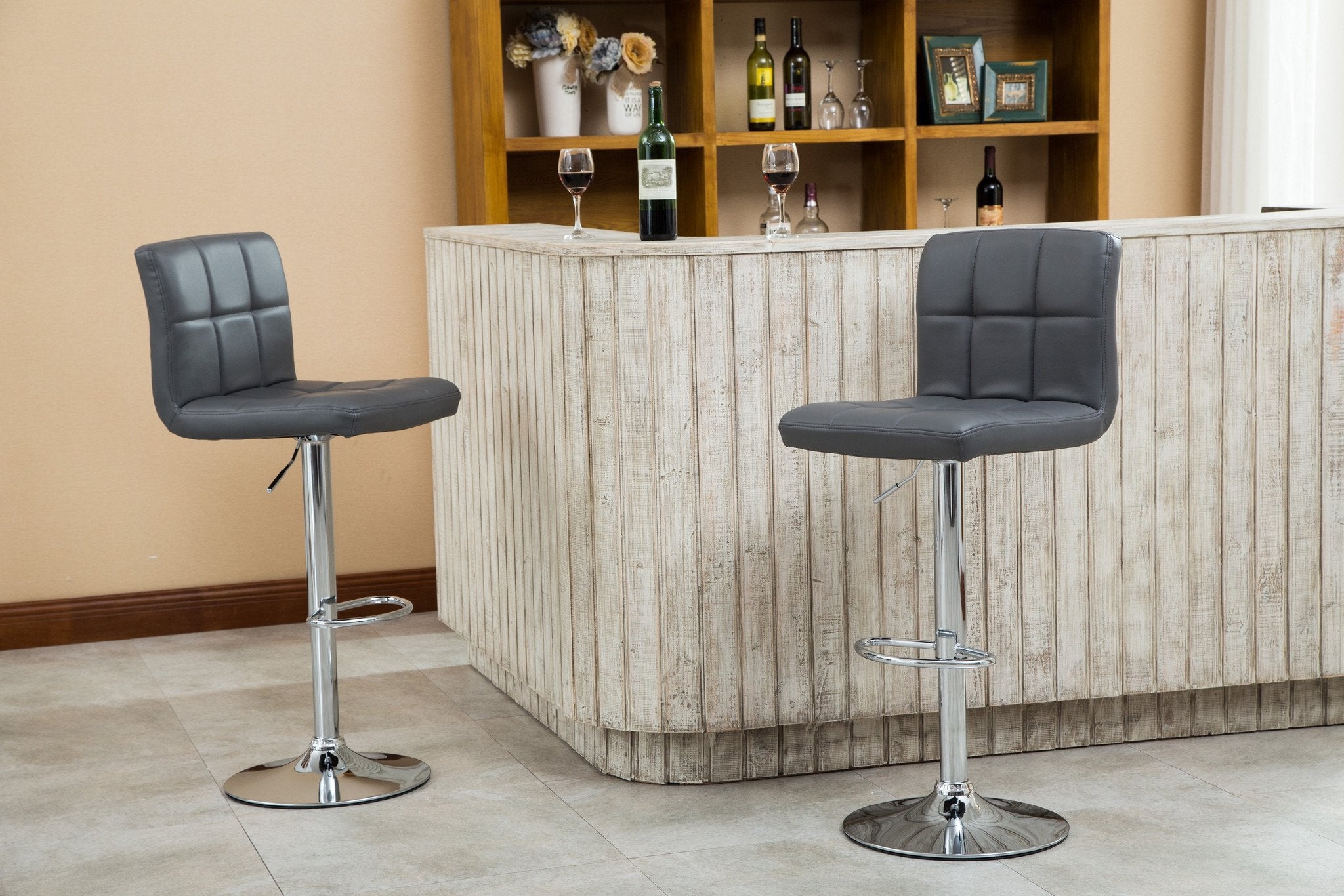 Roundhill Furniture Swivel Elegant PU Leather Modern Adjustable Hydraulic Bar Stools, Grey, Set of 2 - Perfect for Kitchen Islands, Home Bars, and Breakfast Nooks