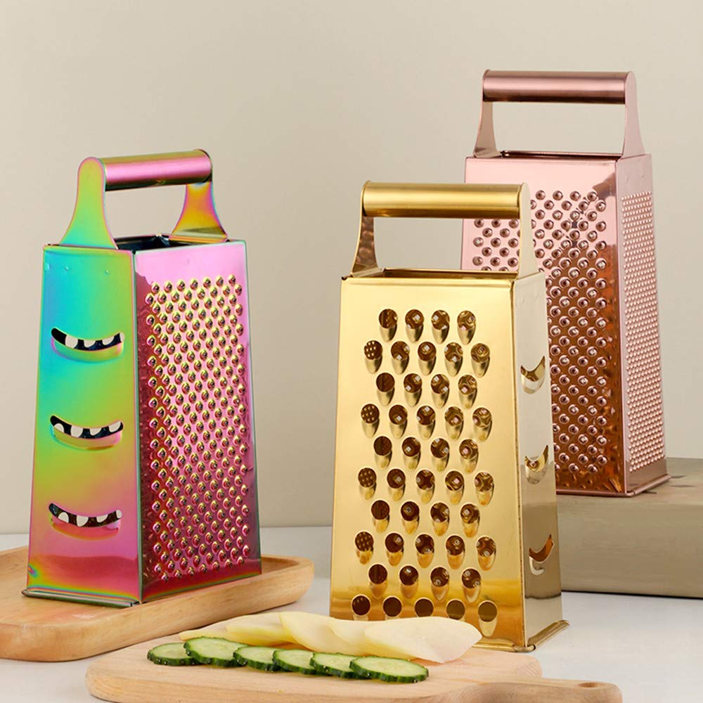 4-Sided Stainless Steel Cheese Grater & Vegetable Slicer - 9.2 Inch Large Box Grater for Parmesan, Veggies, Ginger, Fruits (Gold) - Perfect for Kitchen Prep, Salad Making & Meal Prepping