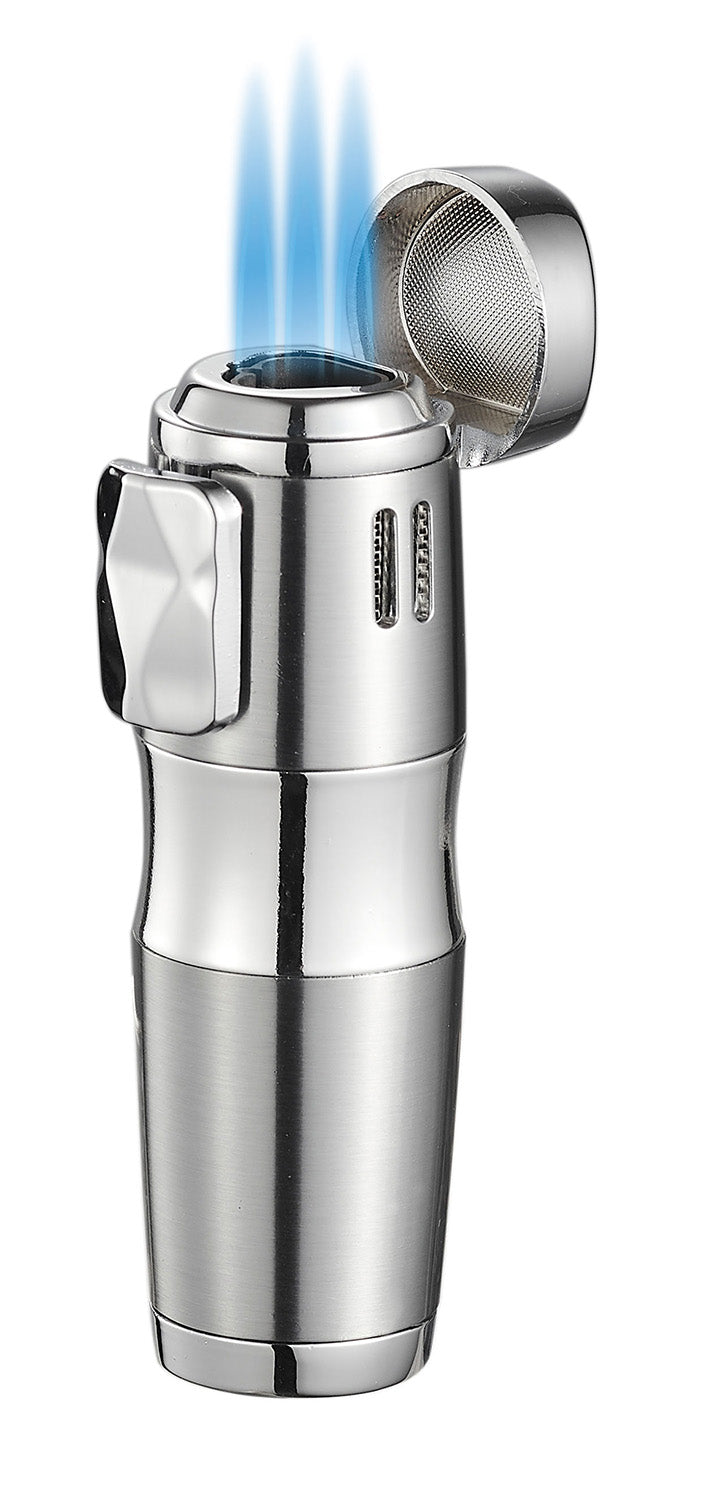 Visol Epicron Triple Flame Silver Cigar Lighter - Windproof Butane Torch for Cigars, Cigarettes & Outdoor Use - Perfect for Smoking, Camping & Gifts
