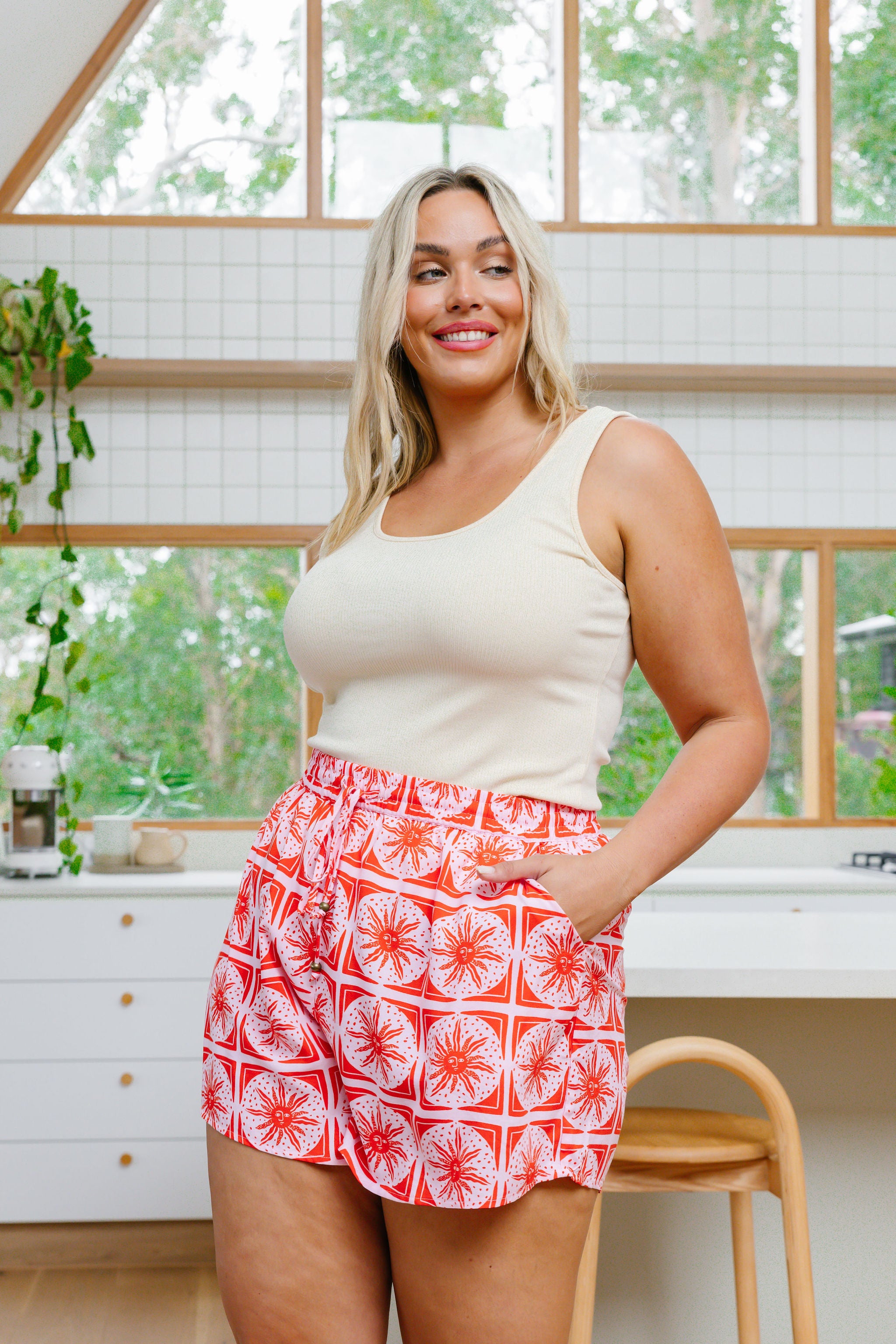 Women's Harlow Shorts in Chasing Sunlight Red - Comfortable High-Waisted Summer Casual Shorts for Beach, Vacation & Everyday Wear