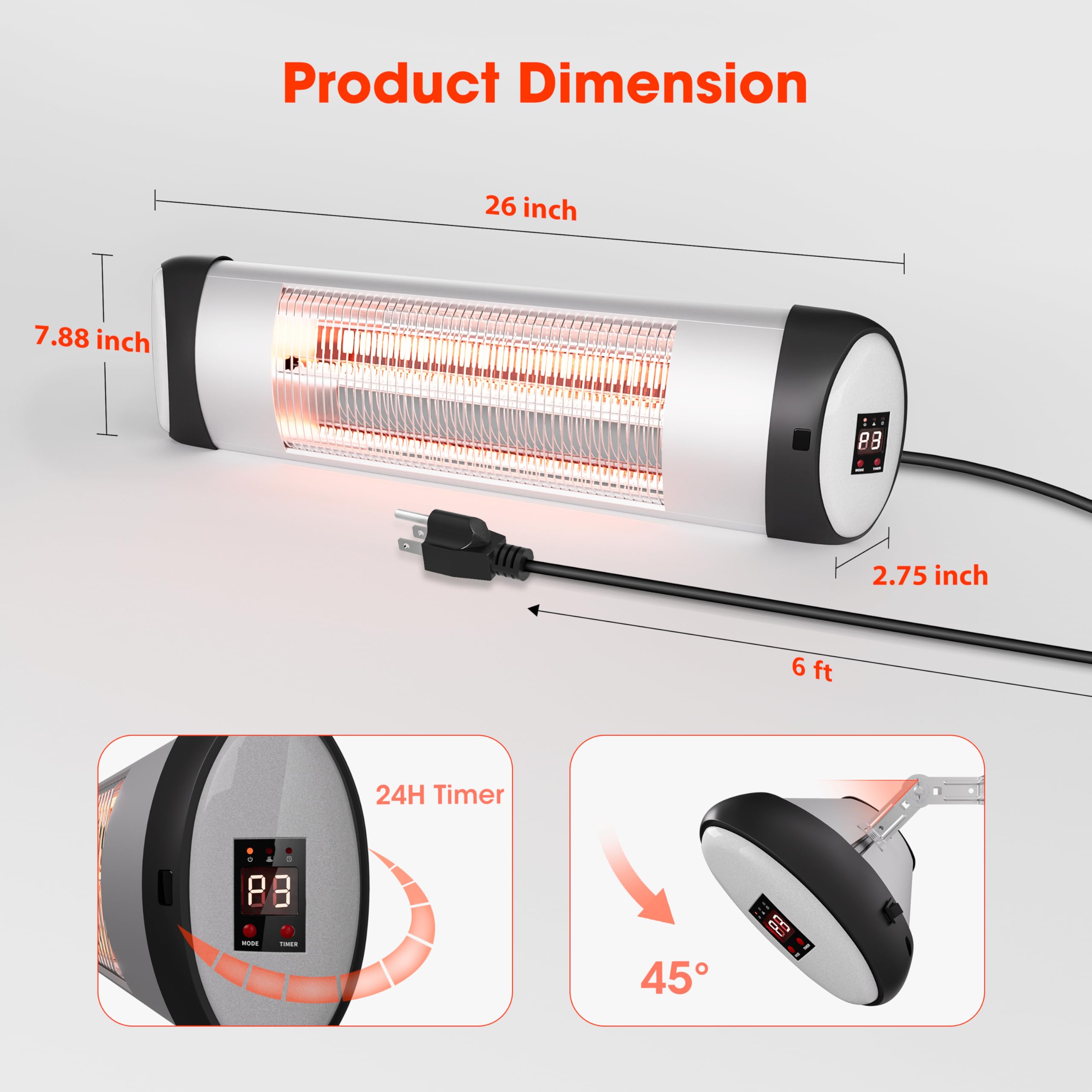 2025 New 1500W Wall-Mounted Outdoor Patio Heater with 24H Timer & Waterproof Design | Instant 1-Second Heating Carbon Fiber Tube | Perfect for Backyard, Gazebo, Garage & Winter Outdoor Gatherings