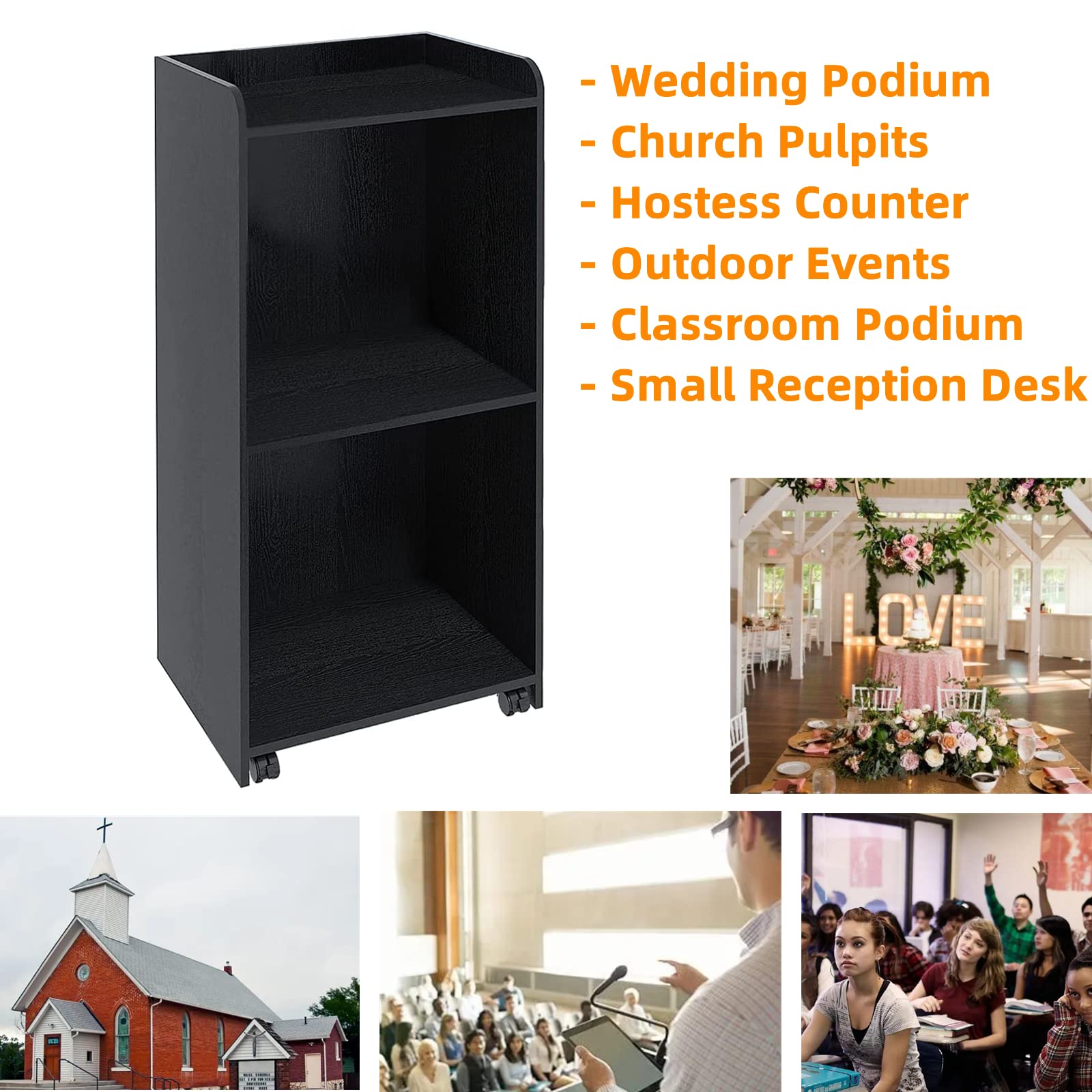 Portable Adjustable Podium Stand with Wheels - Mobile Lectern for Church, Conference, Auditorium & Classroom - Black Hostess Stand for Events & Presentations