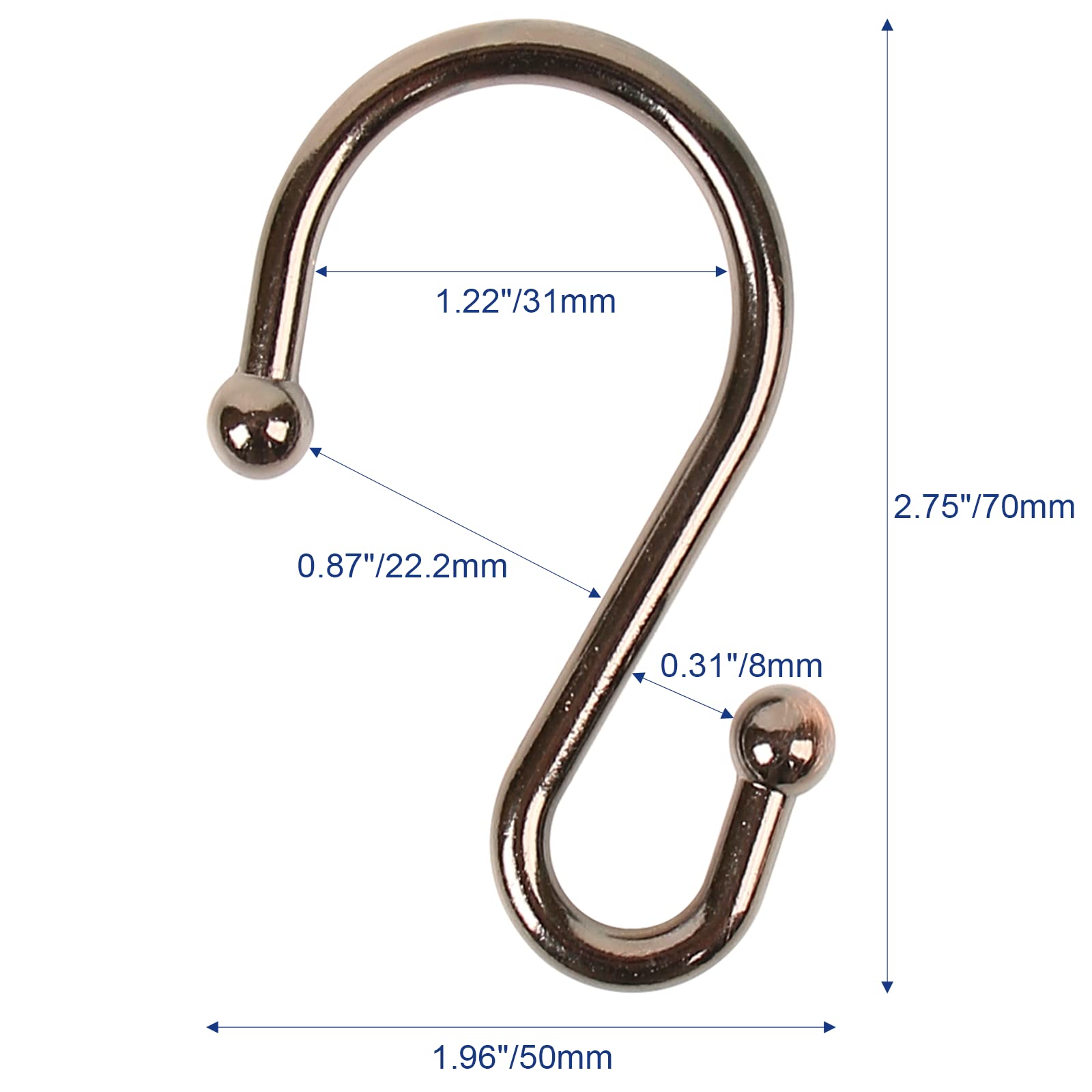 12 Pack Rust-Proof Metal Shower Curtain Hooks - Durable S-Shaped Hangers for Bathroom, Kitchen & Closet - Bronze Finish Hooks for Curtains, Towels, Utensils & Clothes Organization (Perfect for Home, Dorm & RV Use)