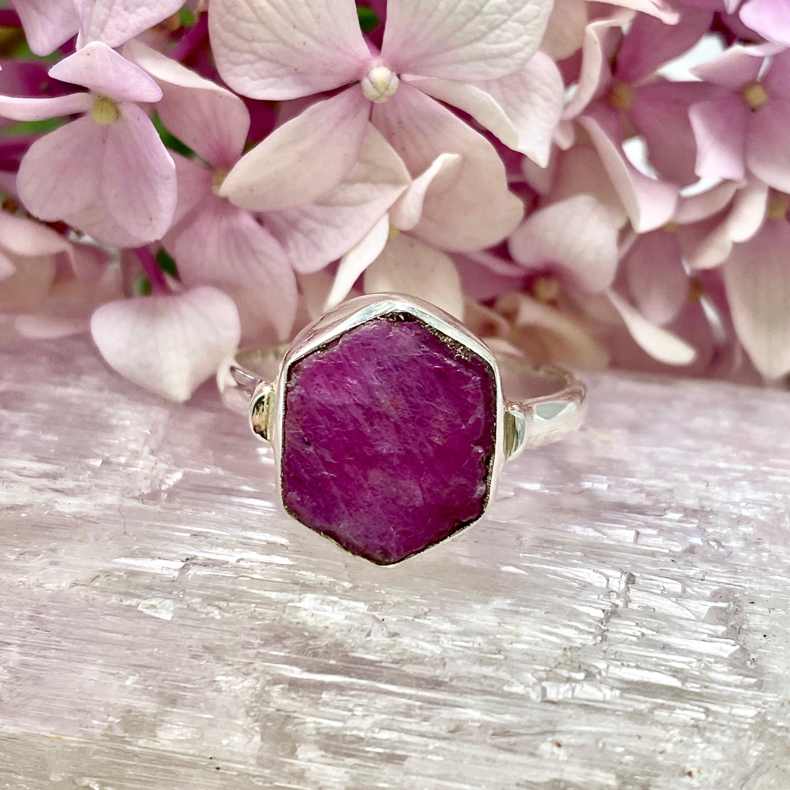 Natural Raw Ruby Hexagonal Fine Band Ring for Women - Elegant Minimalist Jewelry for Everyday Wear, Engagement, or Gift Giving