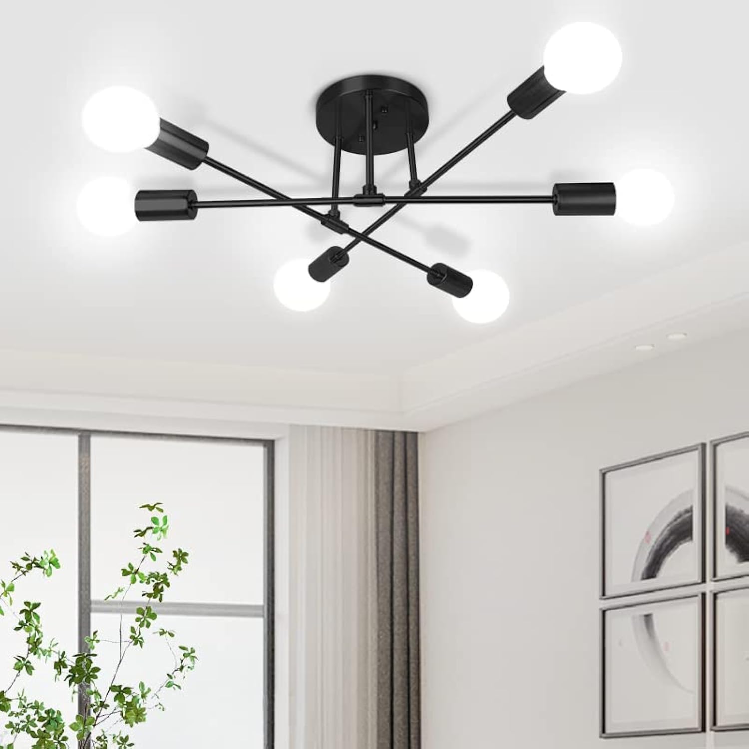 Modern Sputnik Chandelier Ceiling Light Fixture - 6-Light Black Mid Century Design with E26 Base (Bulbs Not Included) - Perfect for Bedroom, Dining Room, Living Room & Kitchen Lighting Decor