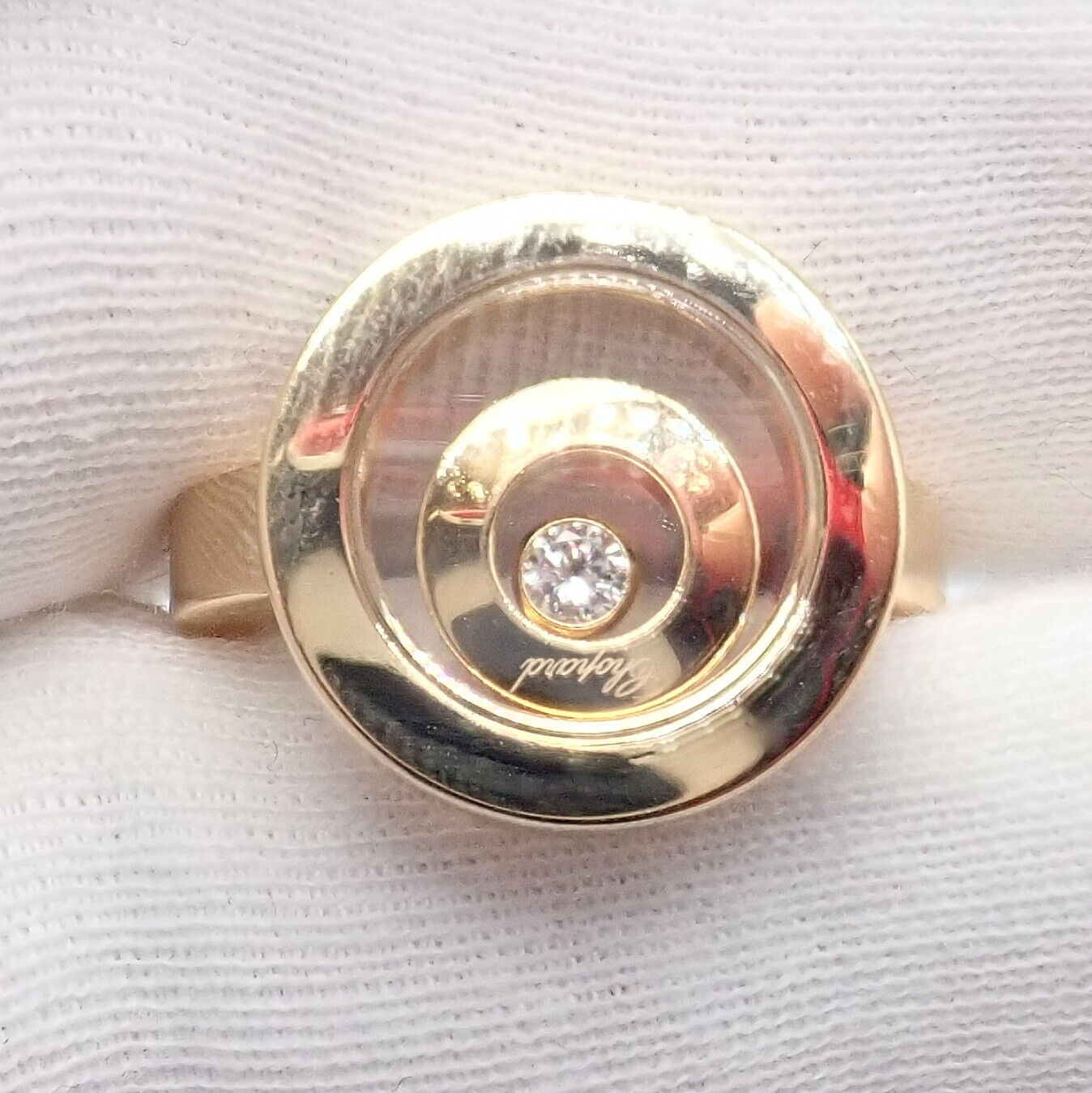 Authentic Chopard 18k Yellow Gold Diamond Double Circle Happy Spirit Ring - Luxury Jewelry for Women, Elegant Gift for Anniversary & Special Occasions