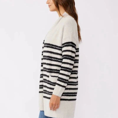 Stylish Grey & Black Long Sleeve Striped Cardigan Sweater for Women - Perfect for Office Wear, Casual Outings & Fall Layering