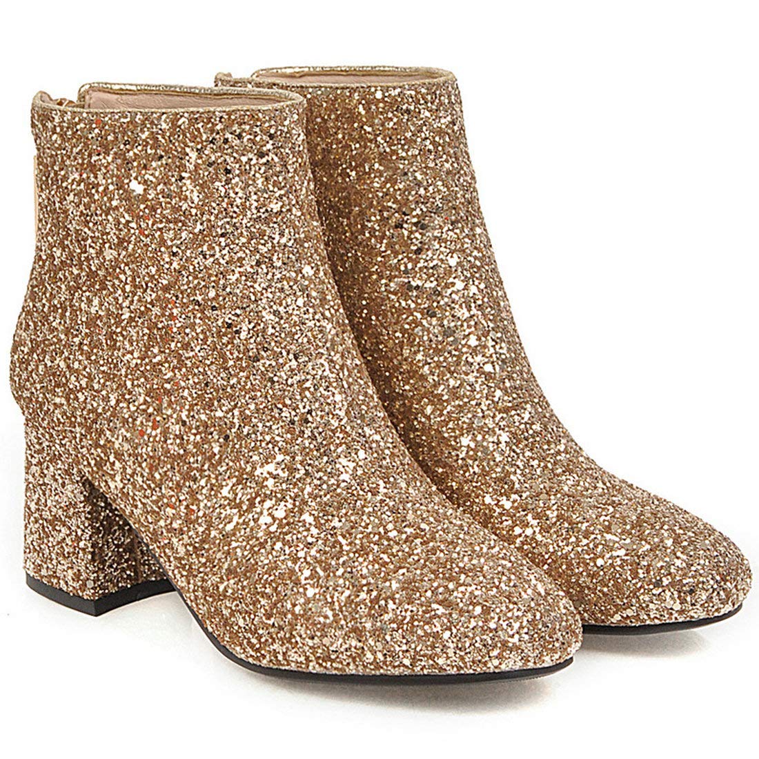 MAVMAX Women's Sequin Glitter Ankle Boots - Chunky Heel Sparkly Booties for Party, Night Out, and Holiday Celebrations