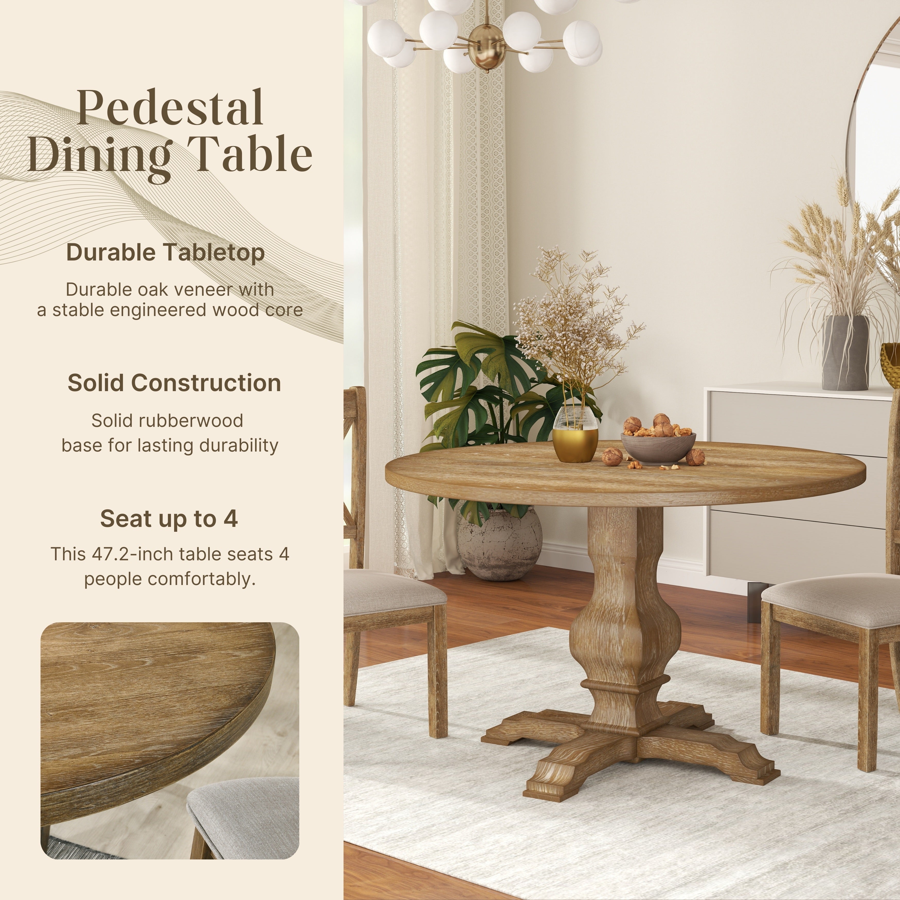 Roundhill Furniture Havre Solid Wood Pedestal Round Dining Table - 42 Inch Farmhouse Style for Kitchen, Dining Room & Small Spaces