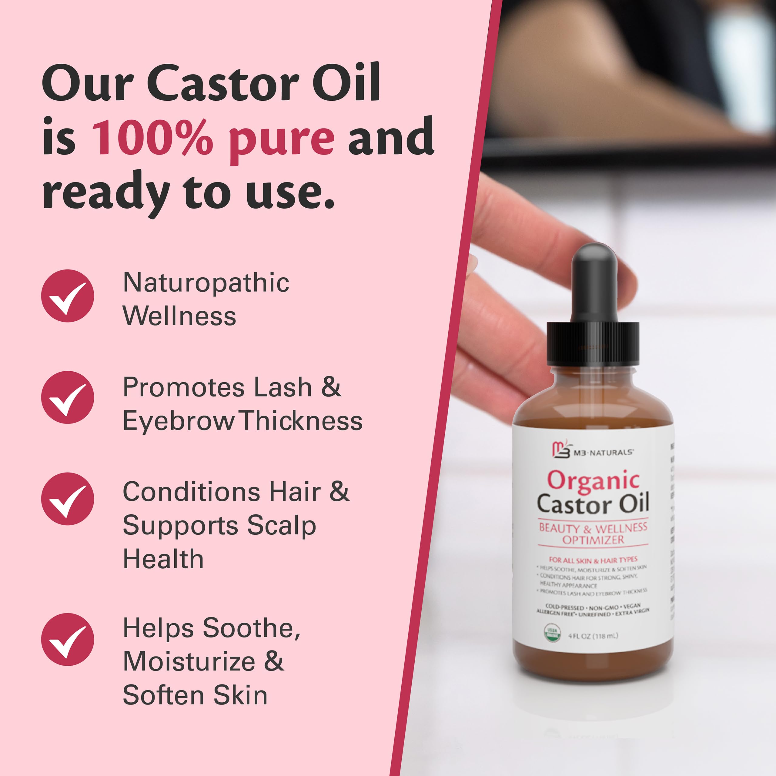 M3 Naturals 100% Pure Organic Cold-Pressed Castor Oil for Hair Growth, Eyelashes & Eyebrows | Hexane-Free Unrefined Natural Oil for Face & Skin Care | 4 fl oz Glass Bottle with Dropper | Promotes Thicker Hair & Healthy Skin | Perfect for Daily Hair Treatment, Beard Growth & Natural Moisturizer