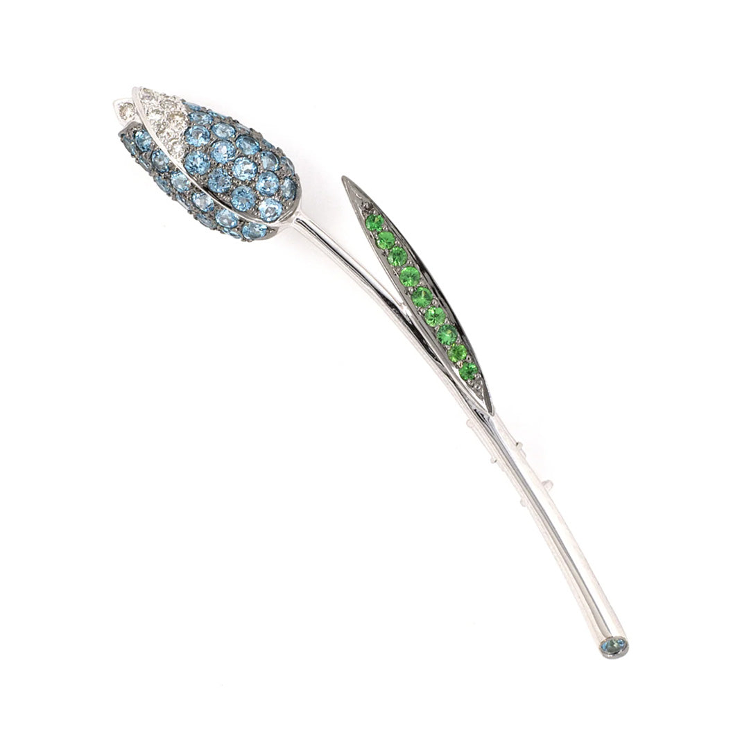 Le Vian Blue Topaz, Tsavorite & Diamond Tulip Pin - Elegant Floral Brooch for Women, Perfect for Weddings, Parties & Special Occasions
