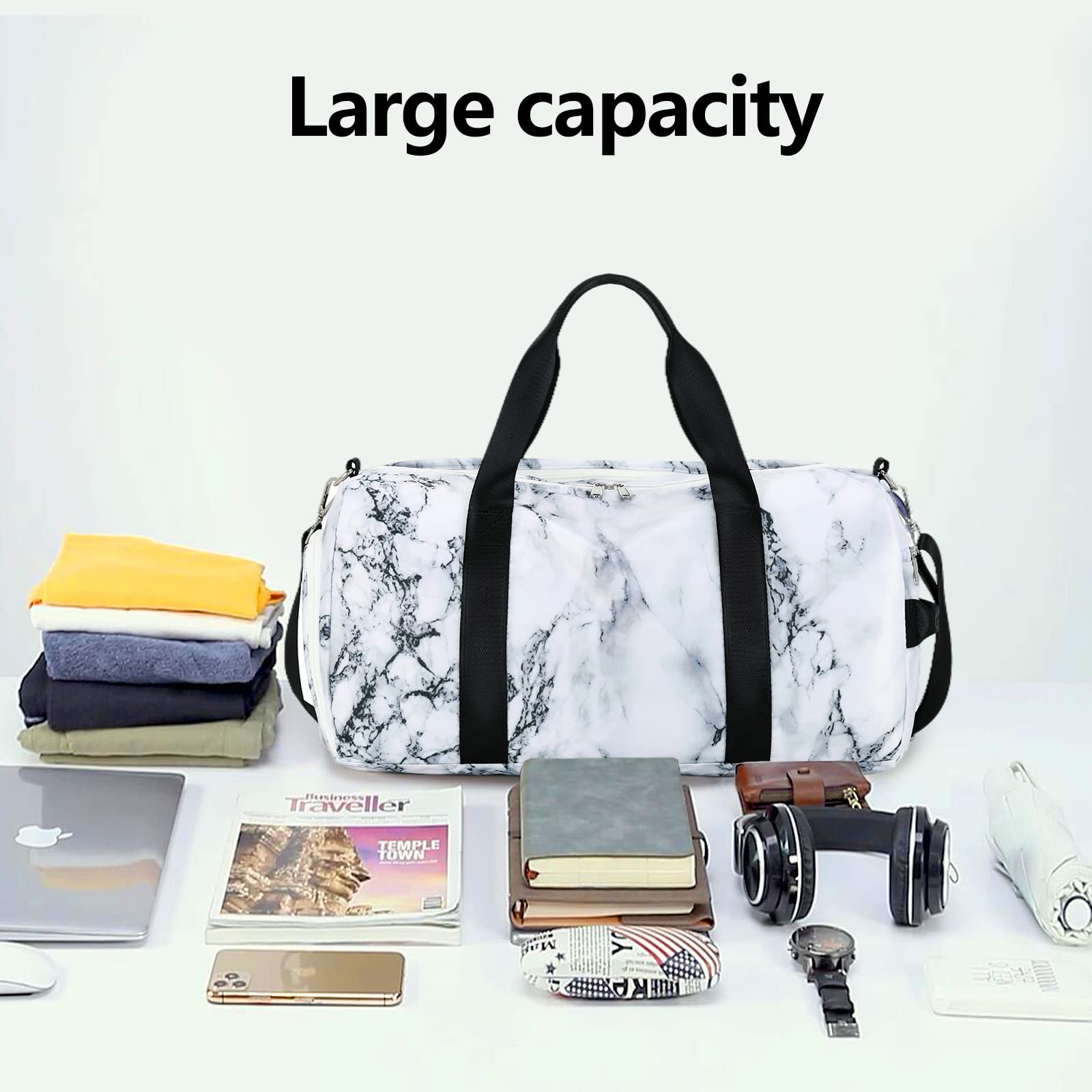 Premium Gym Duffle Bag for Men & Women - Large Sports Travel Duffel with Shoe Compartment & Wet Pocket - 19.7x9.5x9.9 Inches (Marble-White) - Ideal for Gym, Workout, Travel & Sports Gear Storage