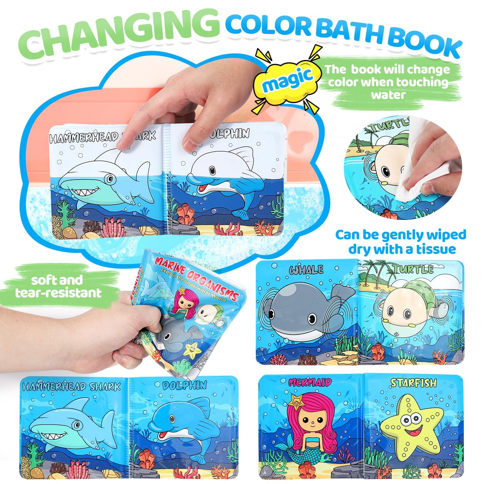 Orzbow Light Up Whale Bath Toys for Toddlers & Kids - Wind Up Water Toys for Babies 1-3 Years, Fun Spray Bathtub Toys with Bath Book & Mesh Organizer - Ocean Animal Set for Baby Pool & Bath Time Play