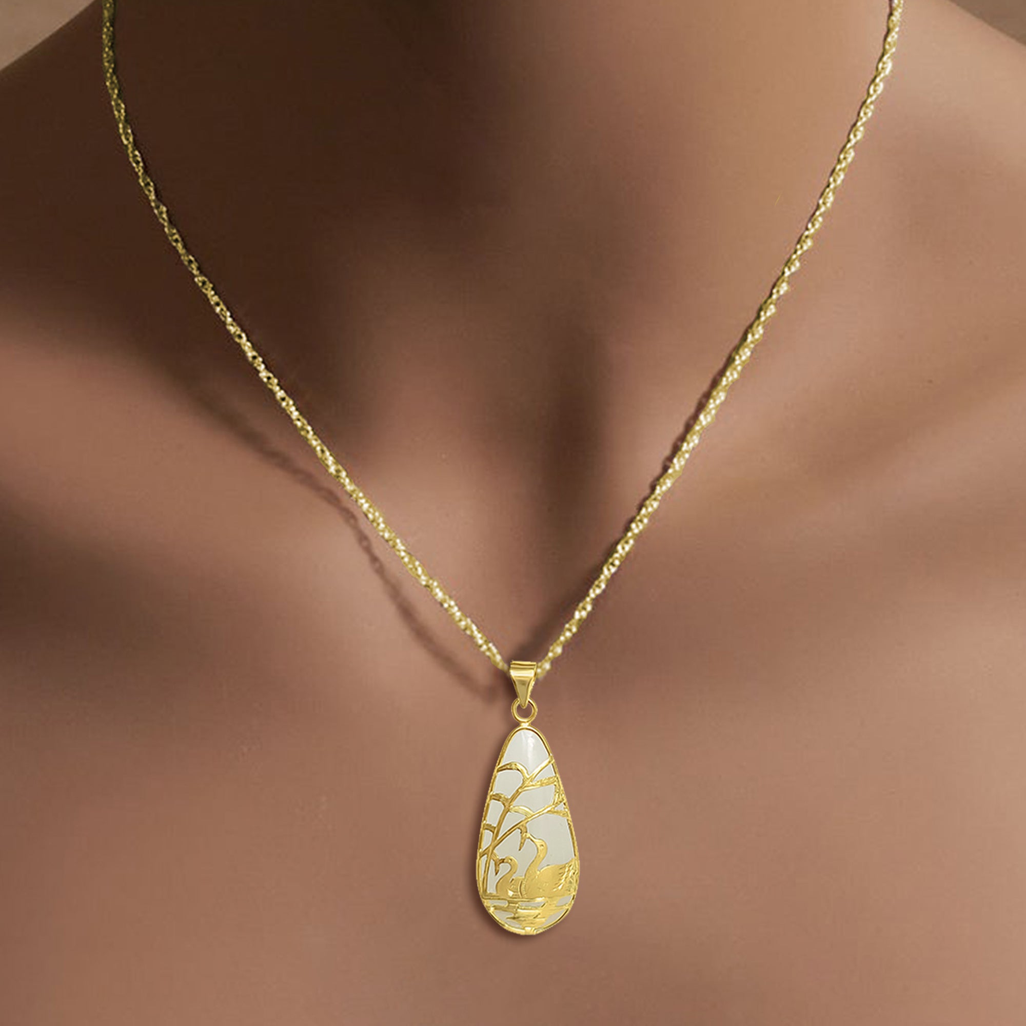 Natural Green Jadeite Pendant with 14K Yellow Gold Swan Design - Elegant Jewelry Gift for Women, Perfect for Weddings, Anniversaries & Special Occasions