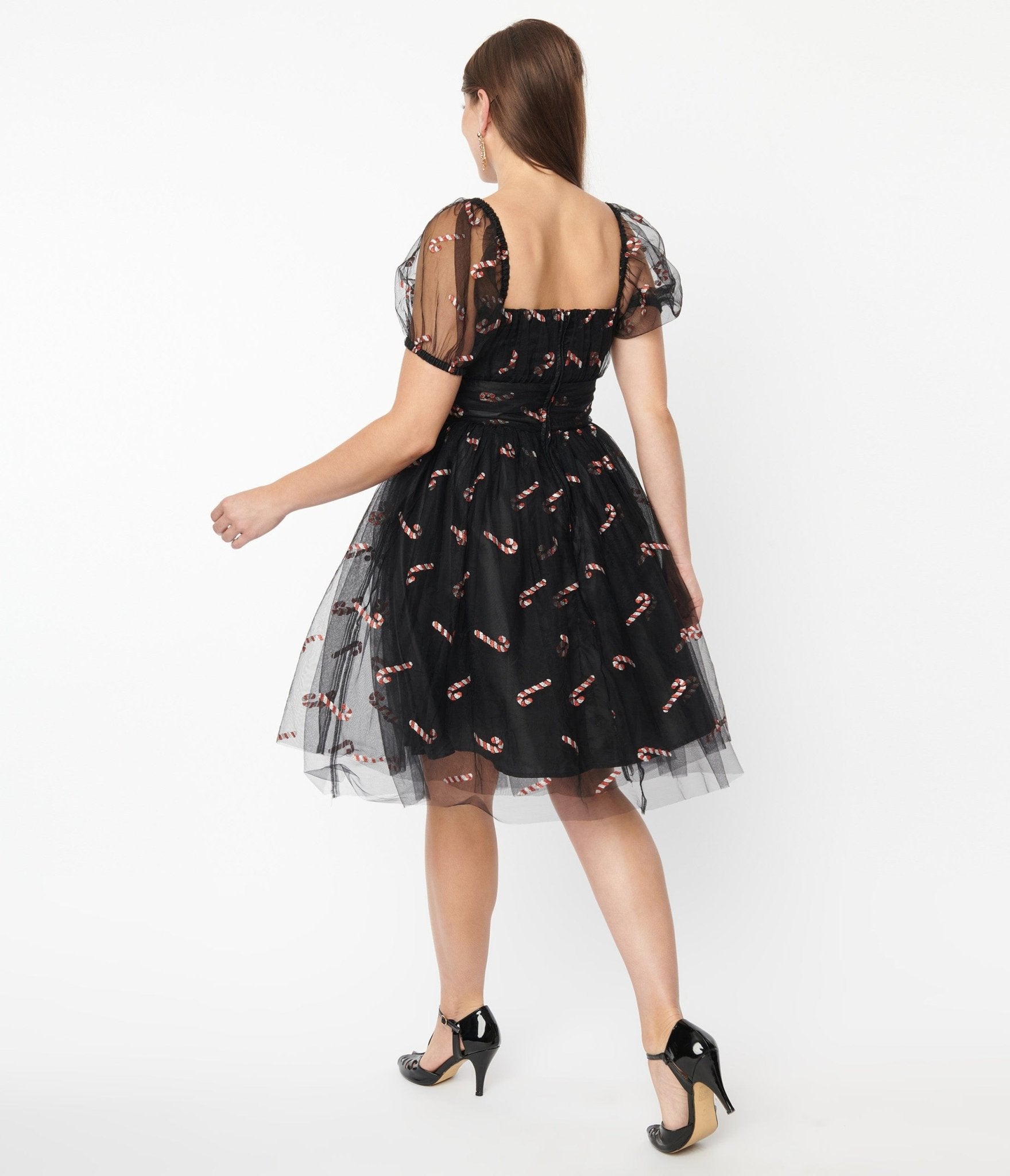 Vintage Black & Glitter Candy Cane Babydoll Dress - Retro Holiday Party Dress for Christmas, Festive Outfits & Special Occasions