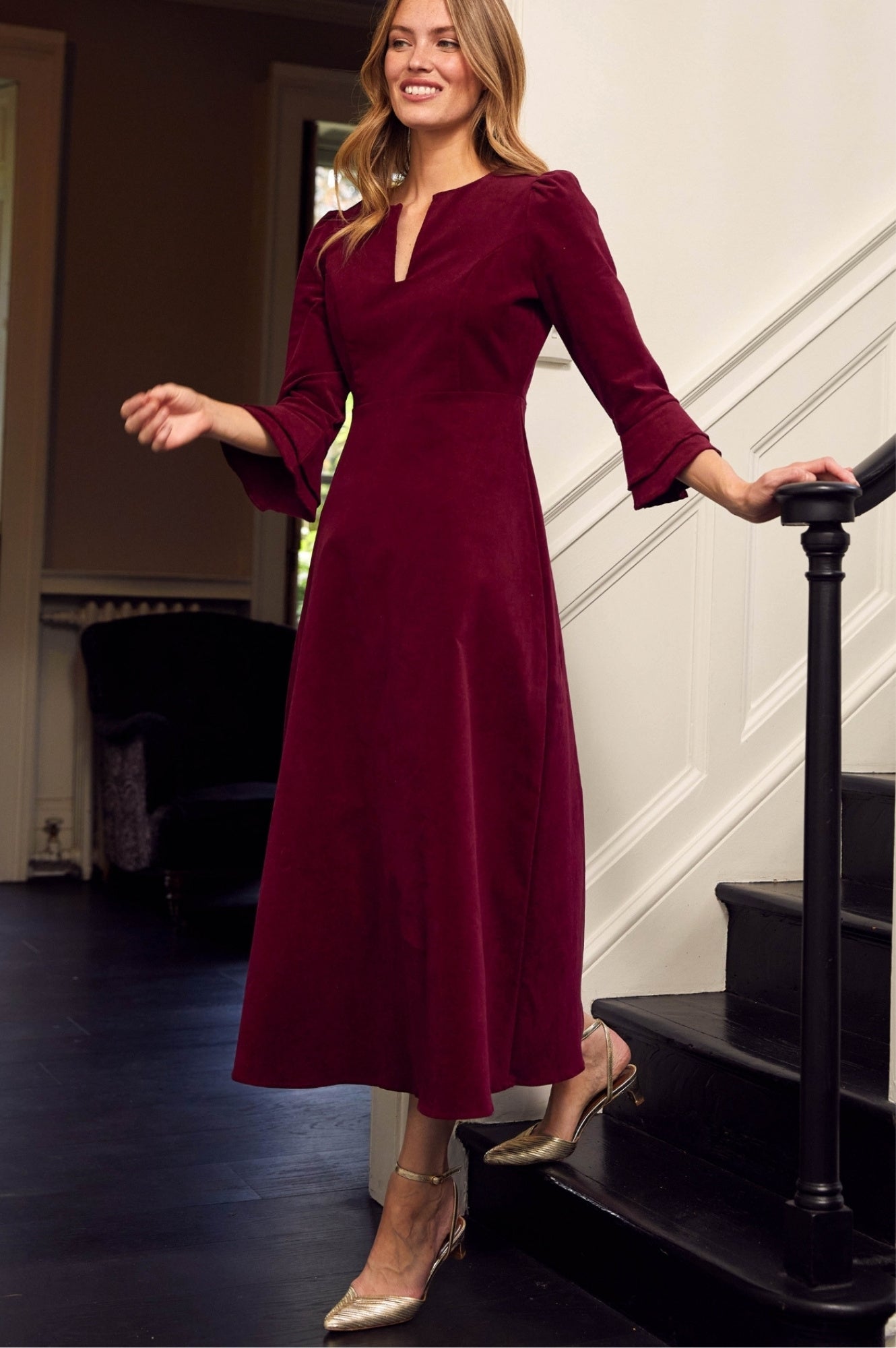 Stylish Jocelyn V-Neck 3/4 Sleeve Stretch Corduroy Dress in Wine Red | Women's Fall Winter Fashion Dress for Office, Party & Casual Wear