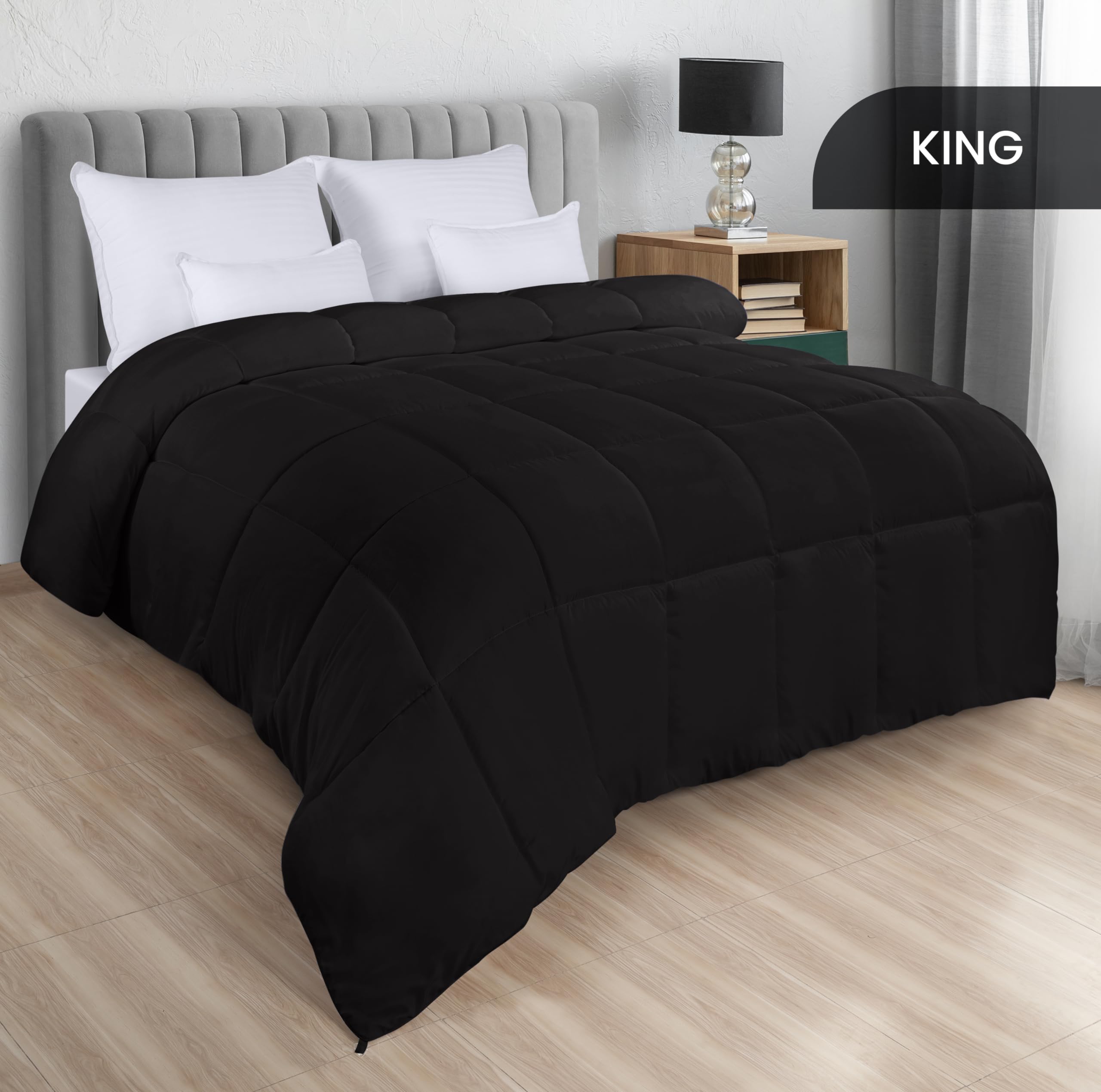 Premium King Size All-Season Down Alternative Comforter Set - Box Stitched Design with Corner Tabs, Ultra Soft & Machine Washable (Black, 3-Pack) - Perfect for Master Bedroom, Guest Room & Cozy Home Decor