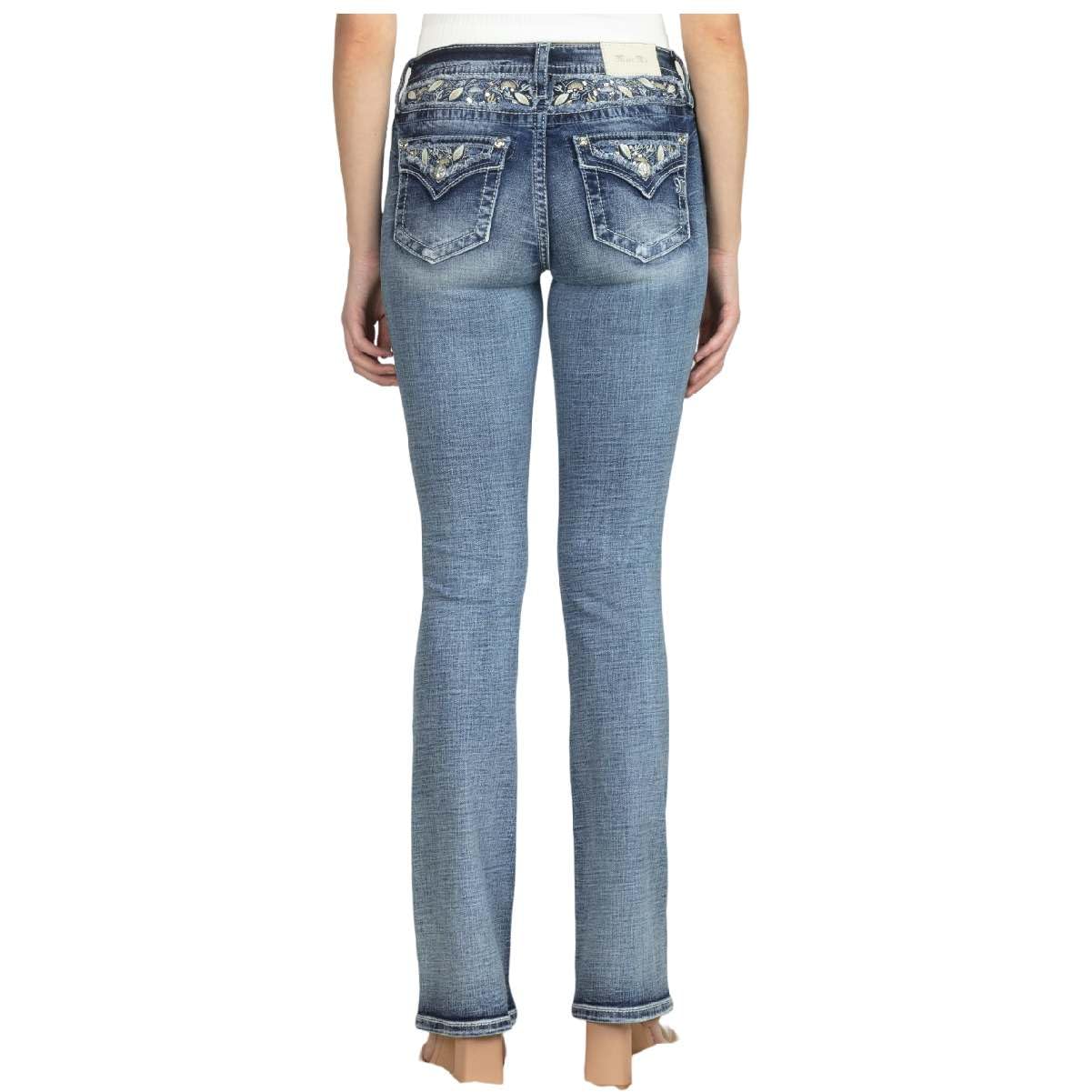 Miss Me Women's Botanical Border Embellished Mid-Rise Bootcut Jeans - Floral Design with Faux Flap Pockets - Comfortable Stretch Denim for Casual Wear & Date Nights