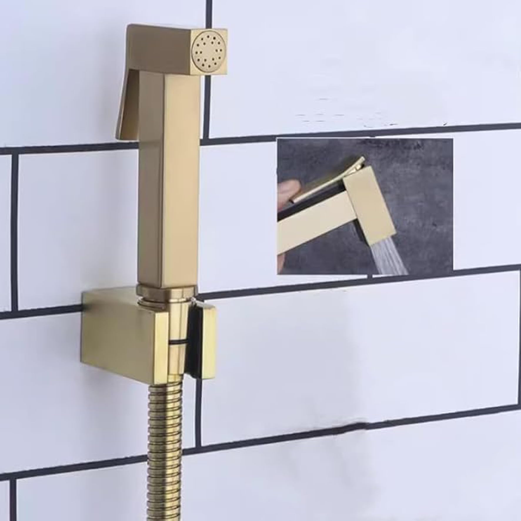 Brushed Gold Brass Square Handheld Bidet Sprayer with Wall Bracket & Hose - Toilet Attachment Set for Baby Diaper Washing & Personal Hygiene (Bidet Sprayer + Holder + Hose) - Perfect for Bathroom, Baby Care & Travel Use