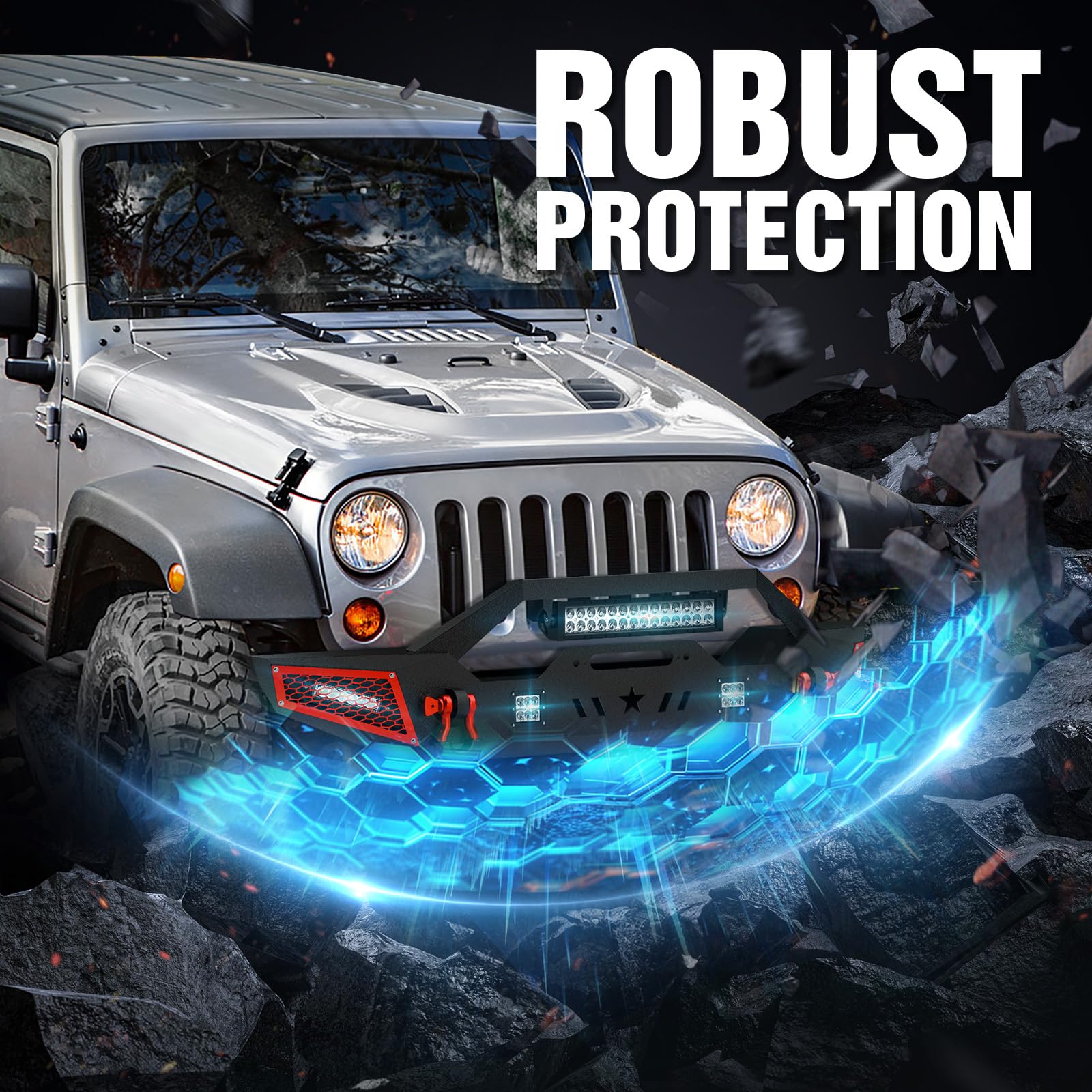Heavy Duty Front Bumper for 2007-2025 Jeep Wrangler JK JL JKU JLU & Gladiator JT - Winch Ready with 5 LED Lights, Paintable Armor & D-Rings | Off-Road Adventure & Trail Protection