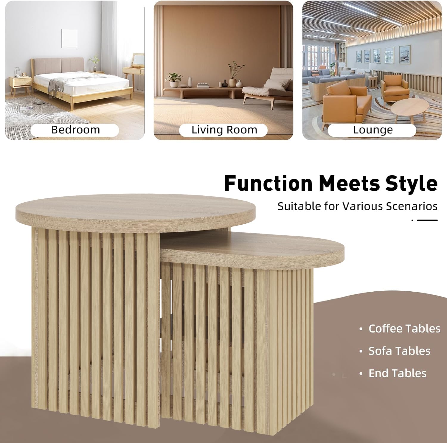 Modern Round Nesting Coffee Table Set of 2 with Fluted Panel & Storage Shelf - Natural Wood Living Room Accent Tables for Small Spaces, Sofa Side Tables, Home Decor