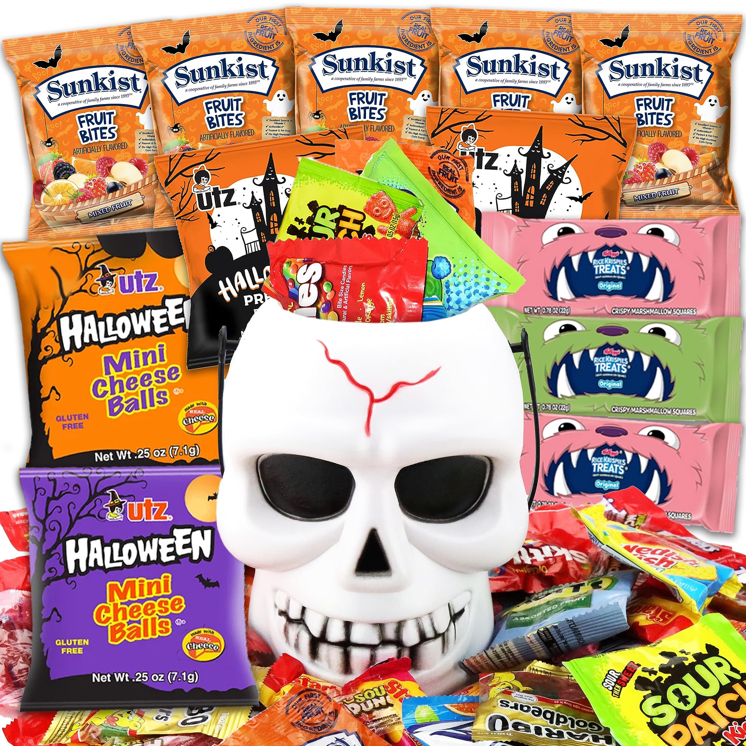 Halloween Candy Mix with White Skull Bucket - 1Lb Assorted Candies for Trick or Treating | Perfect Halloween Treats for Kids, Boys, Girls, Toddlers & College Students | Great for Parties, Classroom Treats & Trick-or-Treat Bags
