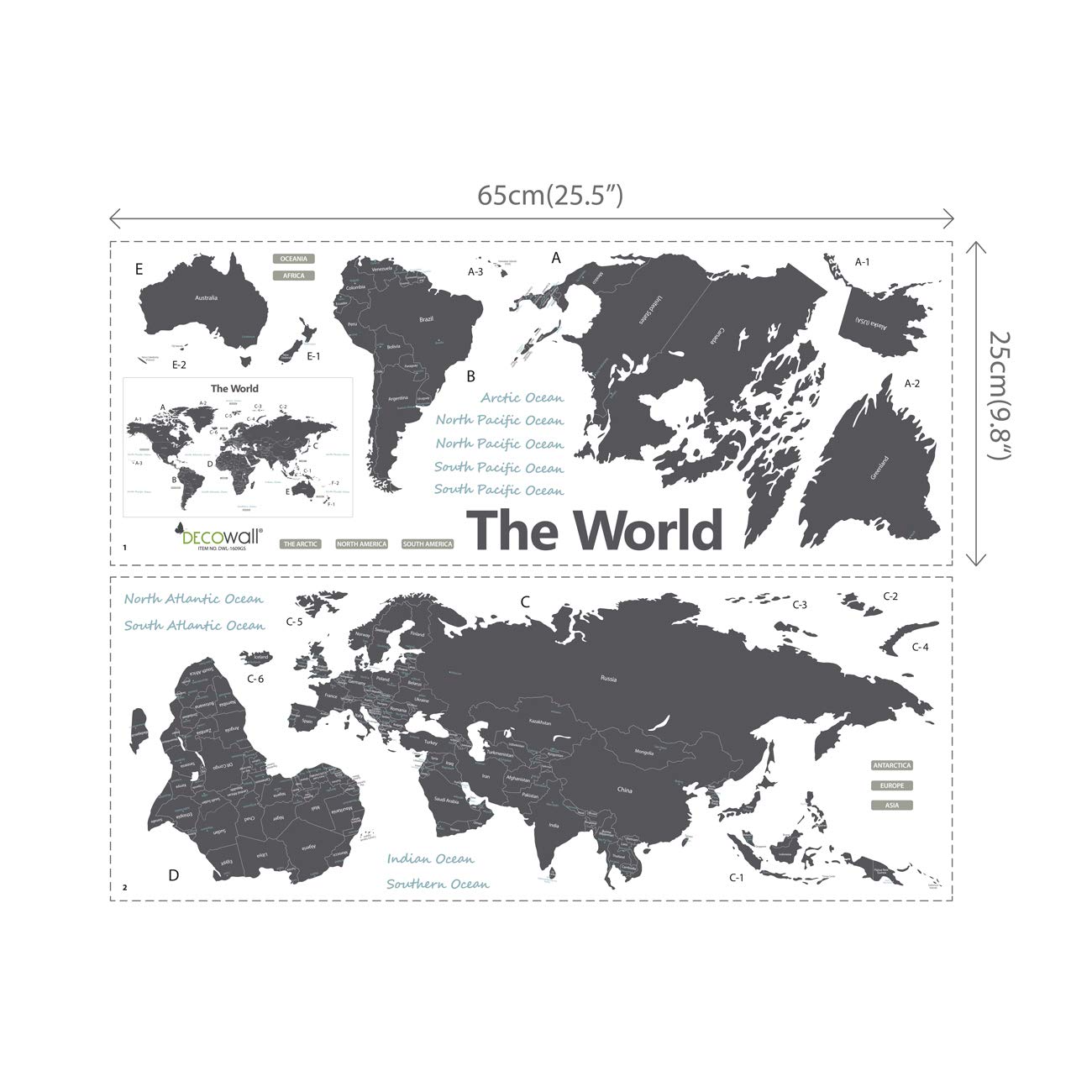 DECOWALL DWL-1609GS Modern Grey World Map Wall Stickers - Peel & Stick Removable Wall Decals for Kids Room, Nursery, Bedroom & Living Room Decor - Perfect for Educational Playrooms & Travel-Themed Spaces (Medium Size)