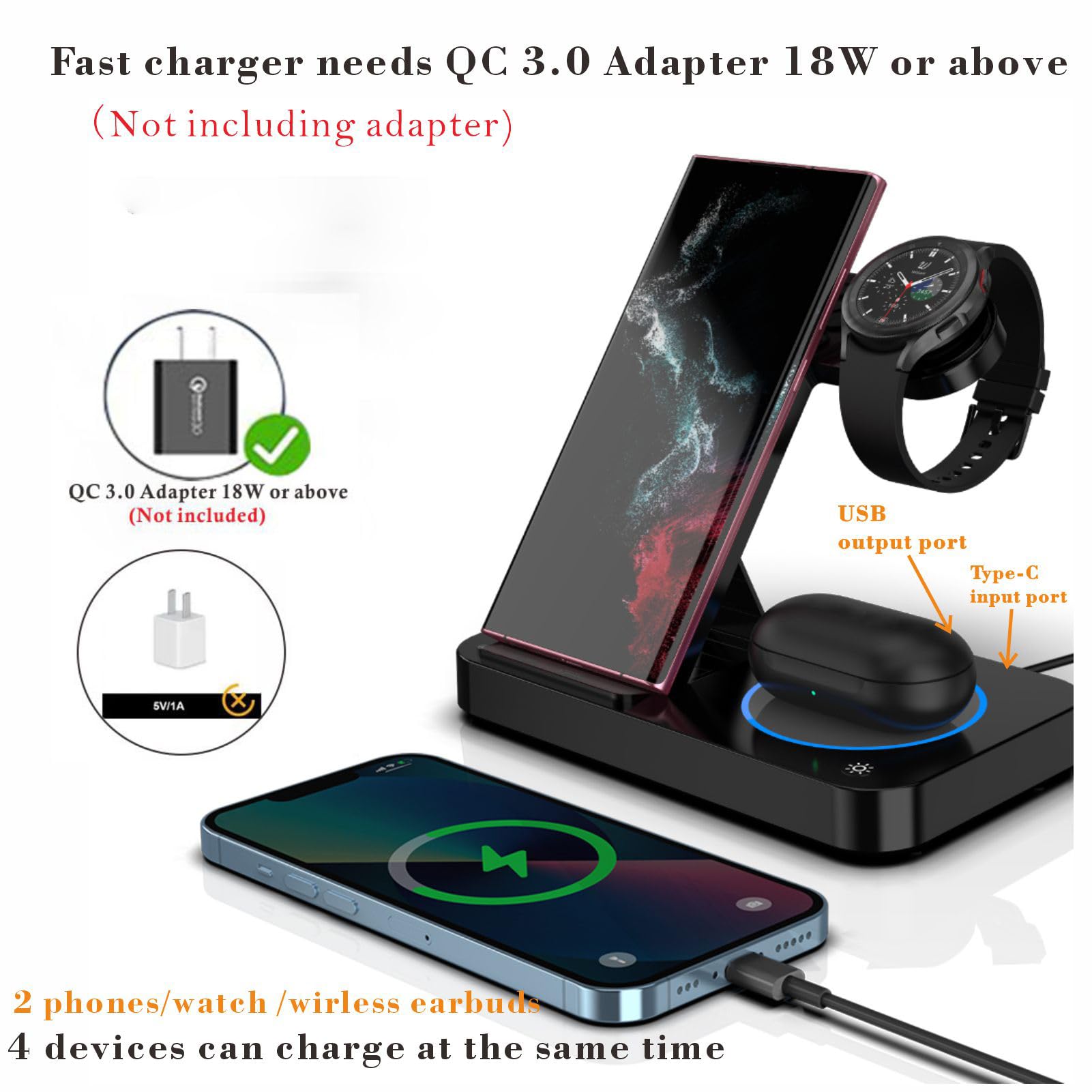 3-in-1 Foldable Fast Wireless Charging Station for Samsung Galaxy Z Flip 5/4, Z Fold 5/4, S24/S23/S22 Ultra, Watch 6/5/4 & Buds - Multi-Device Charger Stand for Home, Office & Travel