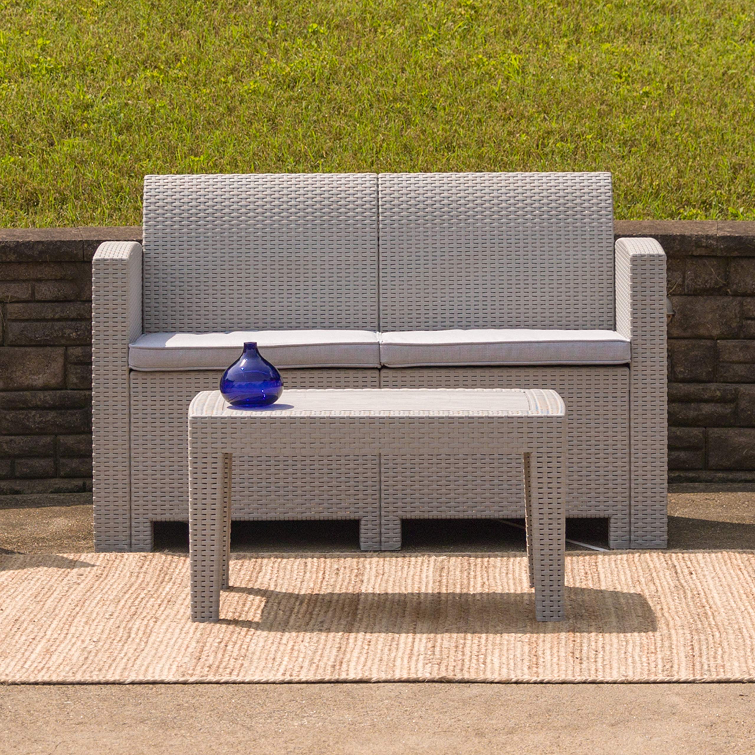 EMMA + OLIVER Light Gray Faux Rattan Loveseat with Cushions - Outdoor Patio Furniture for Garden, Porch & Balcony