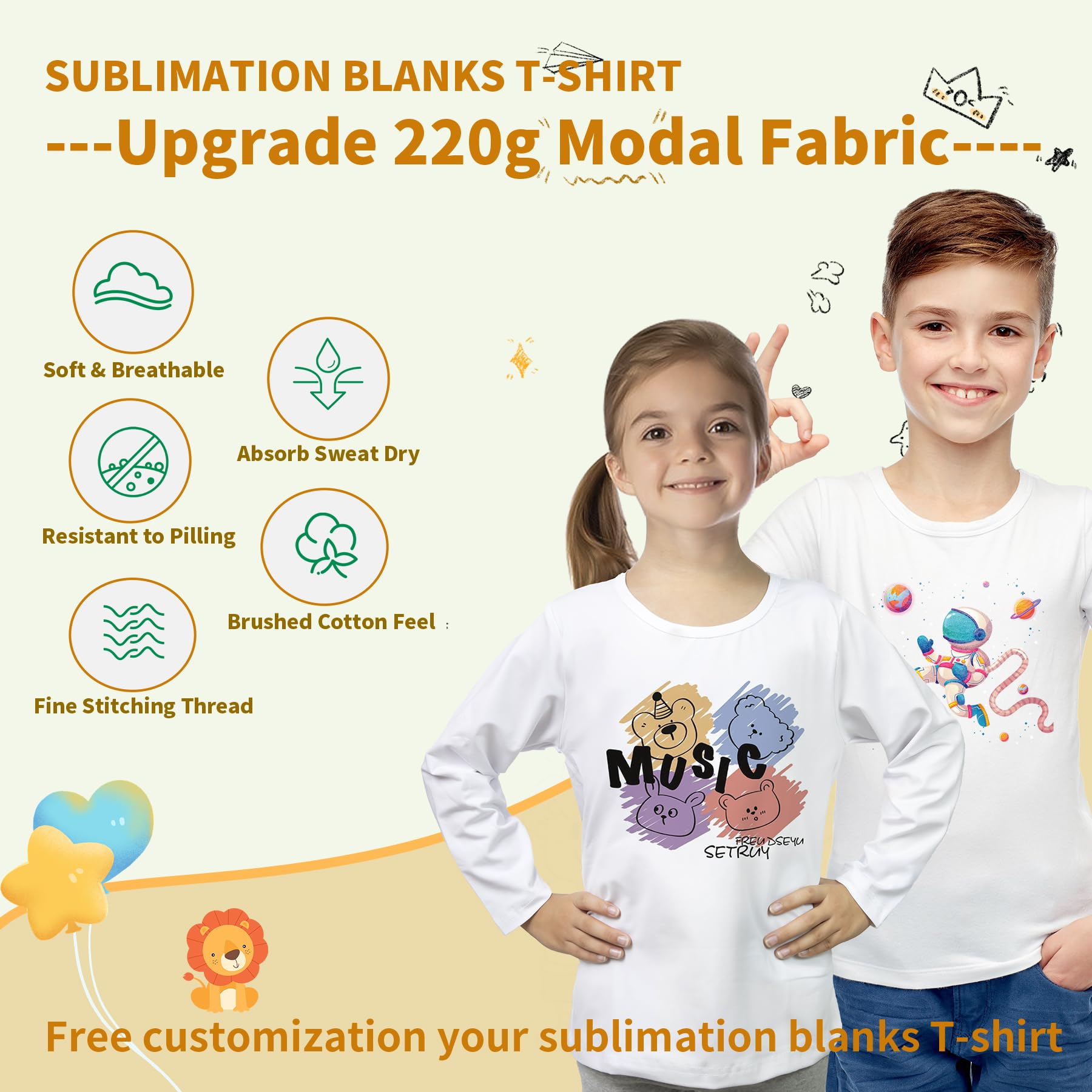 Premium Sublimation T-Shirt Blanks - 3 Pack Long Sleeve Crew Neck Shirts for Kids & Toddlers | Unisex Modal Cotton Tees for Boys & Girls | Perfect for DIY Printing, School Uniforms & Family Matching Outfits