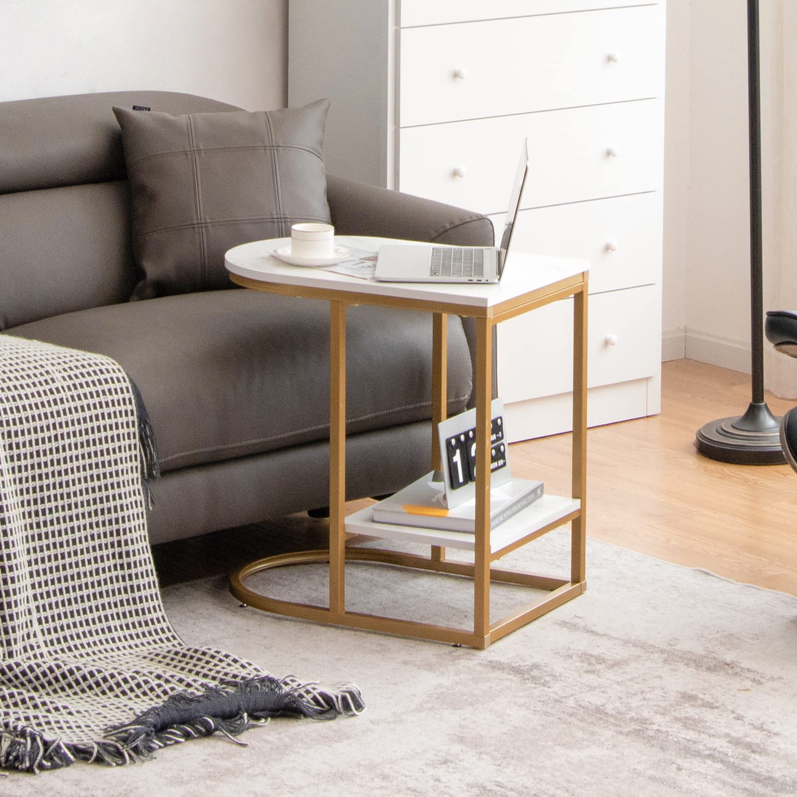 Giantex 2-Piece C-Shape Side Table Set - 2-Tier Faux Marble End Table with Storage Shelf & Sturdy Metal Frame, Sliding Sofa Table for Living Room, Bedroom Nightstand (White & Gold) | Perfect for Small Spaces, Apartment Decor & Coffee Table Alternative