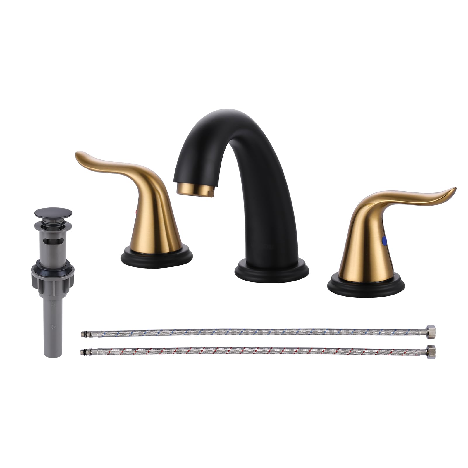 WOWOW Black and Gold 8-Inch Widespread Bathroom Sink Faucet - 3 Hole Vanity Faucet with 2 Handles, Pop-Up Drain & Supply Hose - Perfect for Modern Bathroom Renovation & Luxury Home Decor