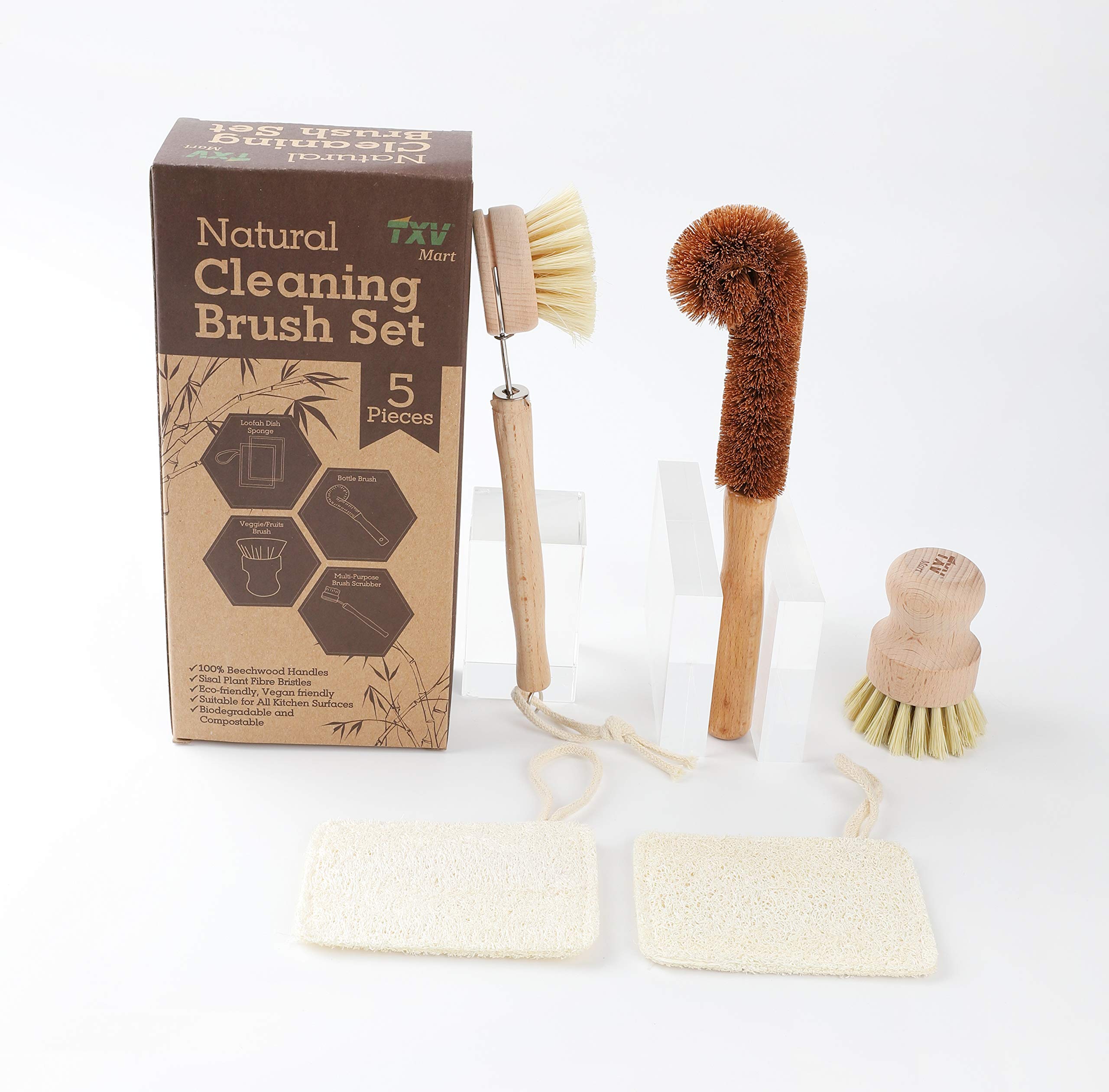 Eco-Friendly Natural Wooden Kitchen Cleaning Brush Set - 5 Piece Dish Scrubber with Loofah Sponges & Bottle Brush | Sustainable Wood Dishwashing Tools for Home, Restaurant & Camping Use