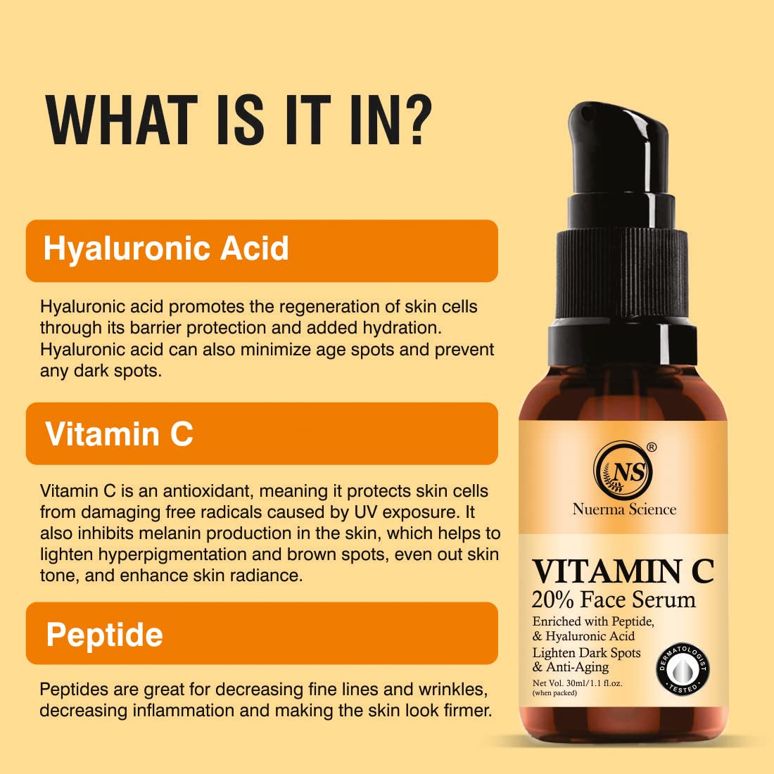 Nuerma Science 20% Vitamin C Serum with Hyaluronic Acid & Vitamin E - Dark Spot Corrector, Anti-Aging Face Serum for Brighter Skin, Reduces Pigmentation & Wrinkles (30ml) - Perfect for Morning Skincare Routine & Night Treatment