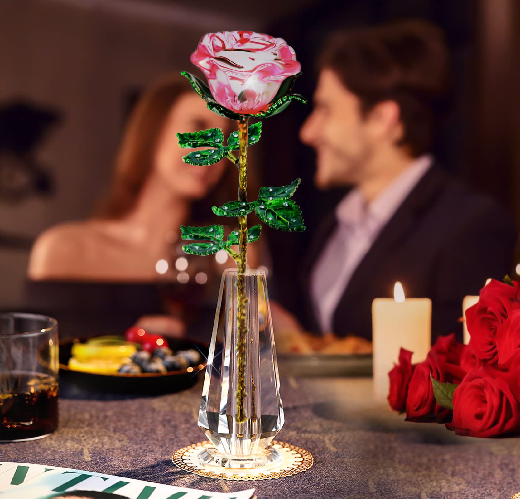 Eternal Pink Glass Rose Gift for Women - K9 Crystal Rose with Green Leaves & Wish Card - Unique Birthday, Christmas, Wedding, Valentine's Day Present - Perfect for Home Decor, Anniversary Surprise & Romantic Gestures
