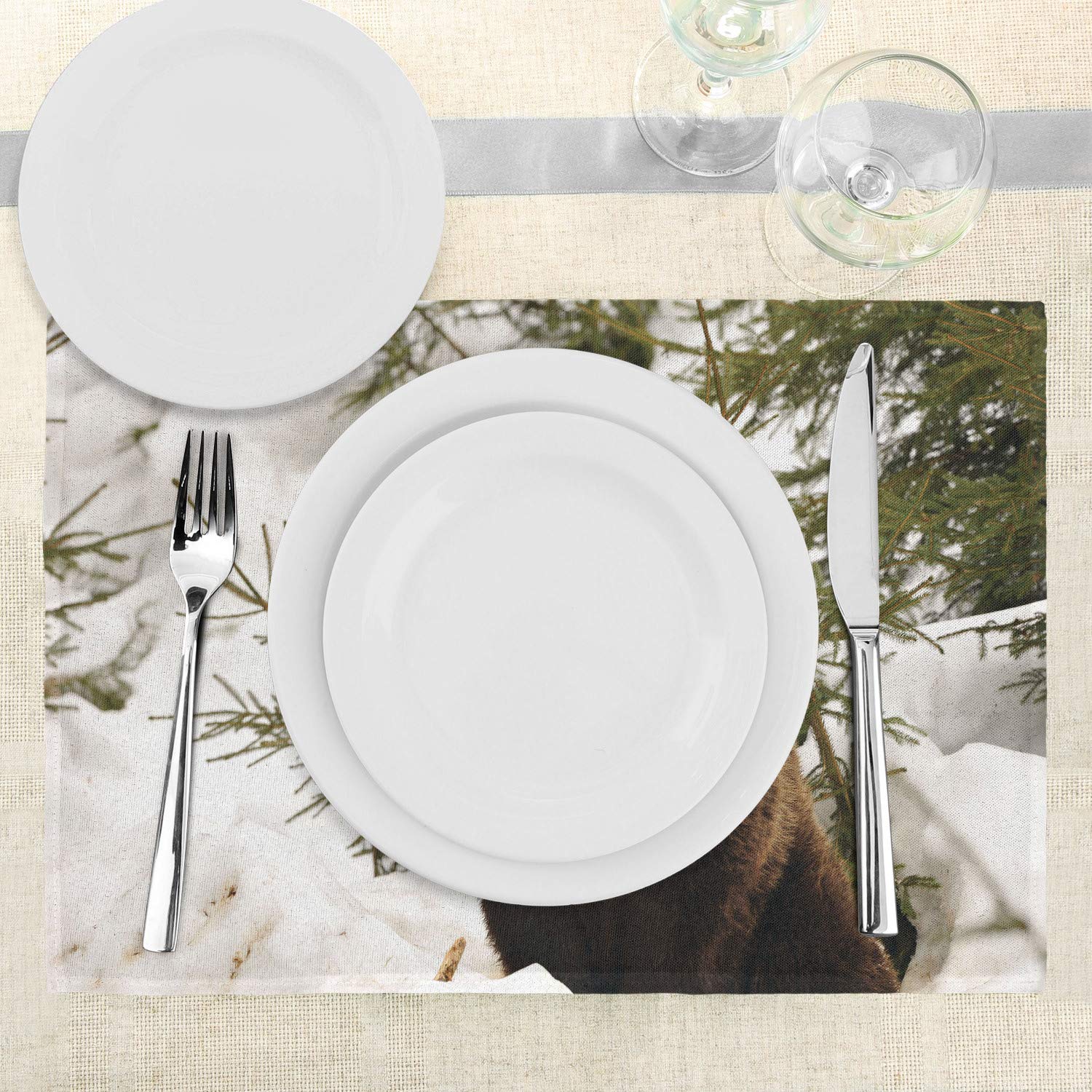 Lunarable Nature Place Mats Set of 4 - Wild Grizzly Bear in Snowy Winter Forest Design, Washable Fabric Table Mats for Dining Room, Standard Size Dark Brown - Perfect for Holiday Dinners, Cabin Decor & Wildlife Themed Parties