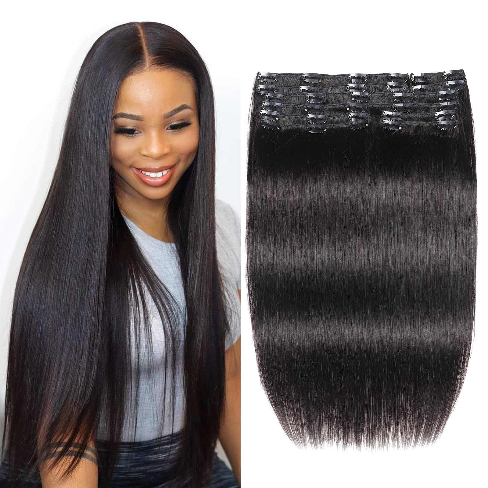 14 Inch Brazilian Straight Human Hair Clip In Extensions for Black Women - 180g Soft & Thick Ends, Natural Color, 10Pcs/Set with 32 Clips - Perfect for Daily Styling, Parties & Special Occasions