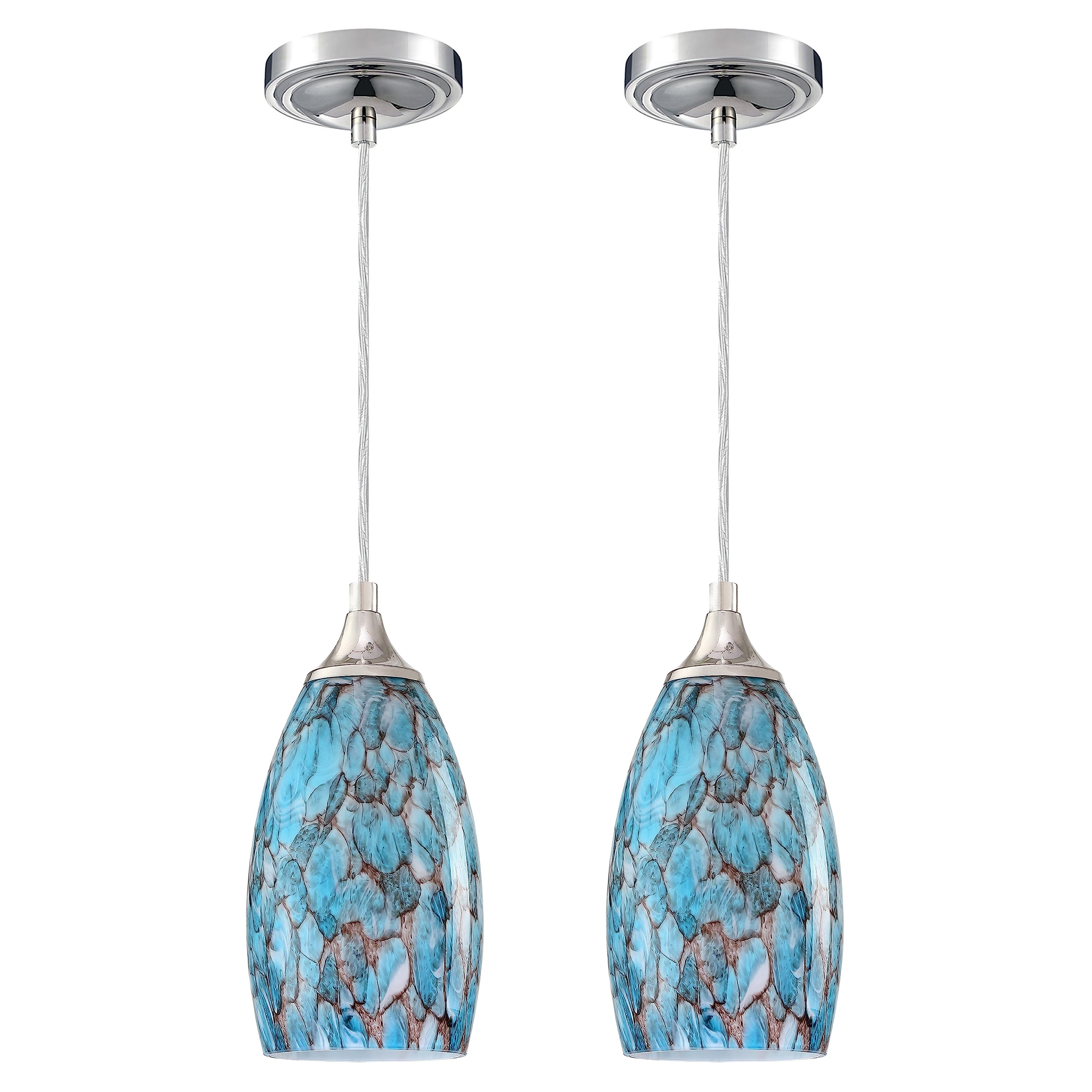 Handcrafted Mini Hanging Pendant Light - Polished Nickel Finish with Peacock Blue Art Glass Shade (2 Pack) | Perfect for Kitchen Islands, Bars, Dining Rooms & Over Sinks | Elegant Indoor Lighting Decor