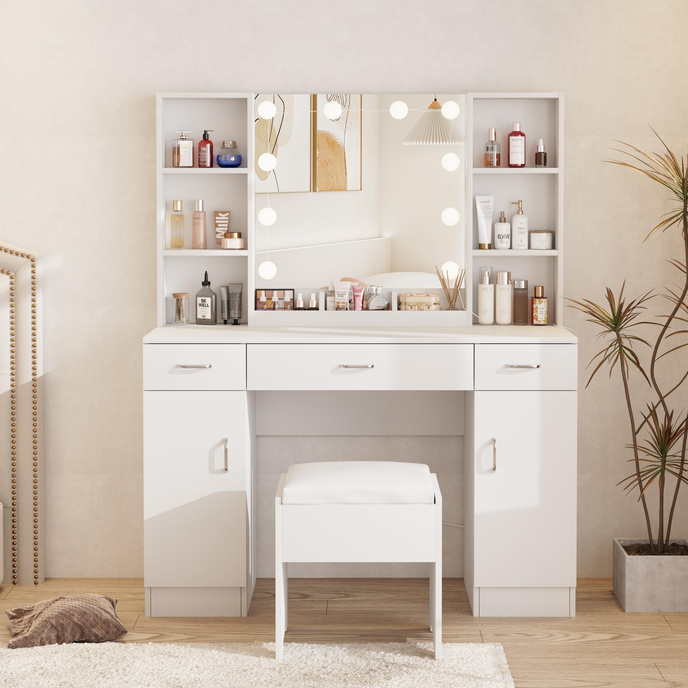 White Makeup Vanity Desk with LED Lights - 45 Inch Large Dressing Table with 3 Drawers, 2 Cabinets & Shelves for Bedroom, Beauty Salon or Home Decor