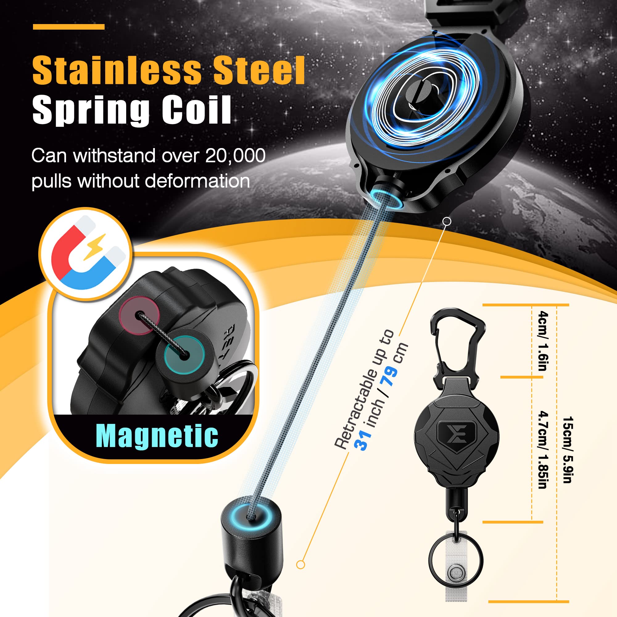 Heavy Duty Retractable Keychain with Magnetic Closure & Carabiner - 31