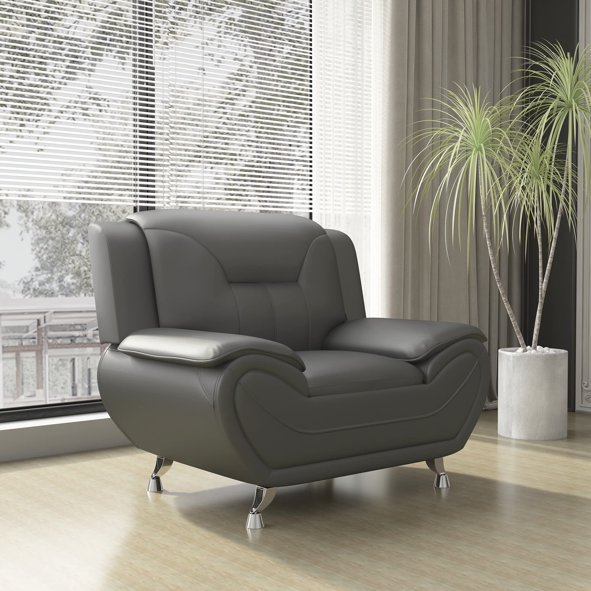 Modern Faux Leather Accent Chair with Stainless Steel Legs - Sleek Gray Upholstered Living Room Chair for Home Office, Lounge & Reading Nook