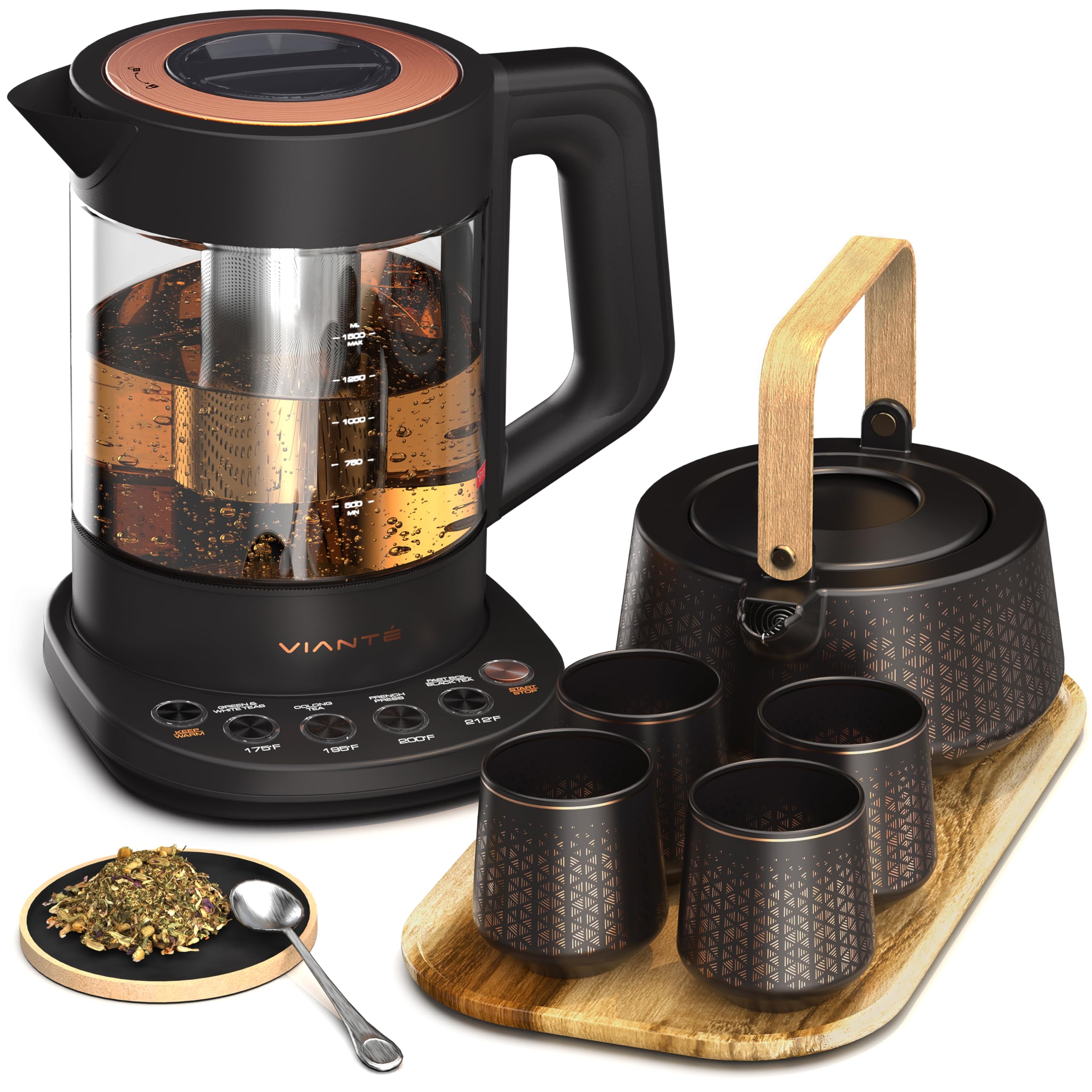 Premium Electric Tea Kettle with Infuser - Ceramic Teapot & Cups Set with Wooden Tray - Perfect for Loose Leaf Tea Brewing - Ideal Gift for Tea Lovers - Home & Office Tea Ceremony Set